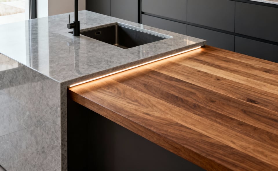 Modern kitchen island showcasing precision zoning with distinct wet and dry prep micro-regions defined by contrasting quartz and timber countertops, illuminated by subtle under-counter lighting.