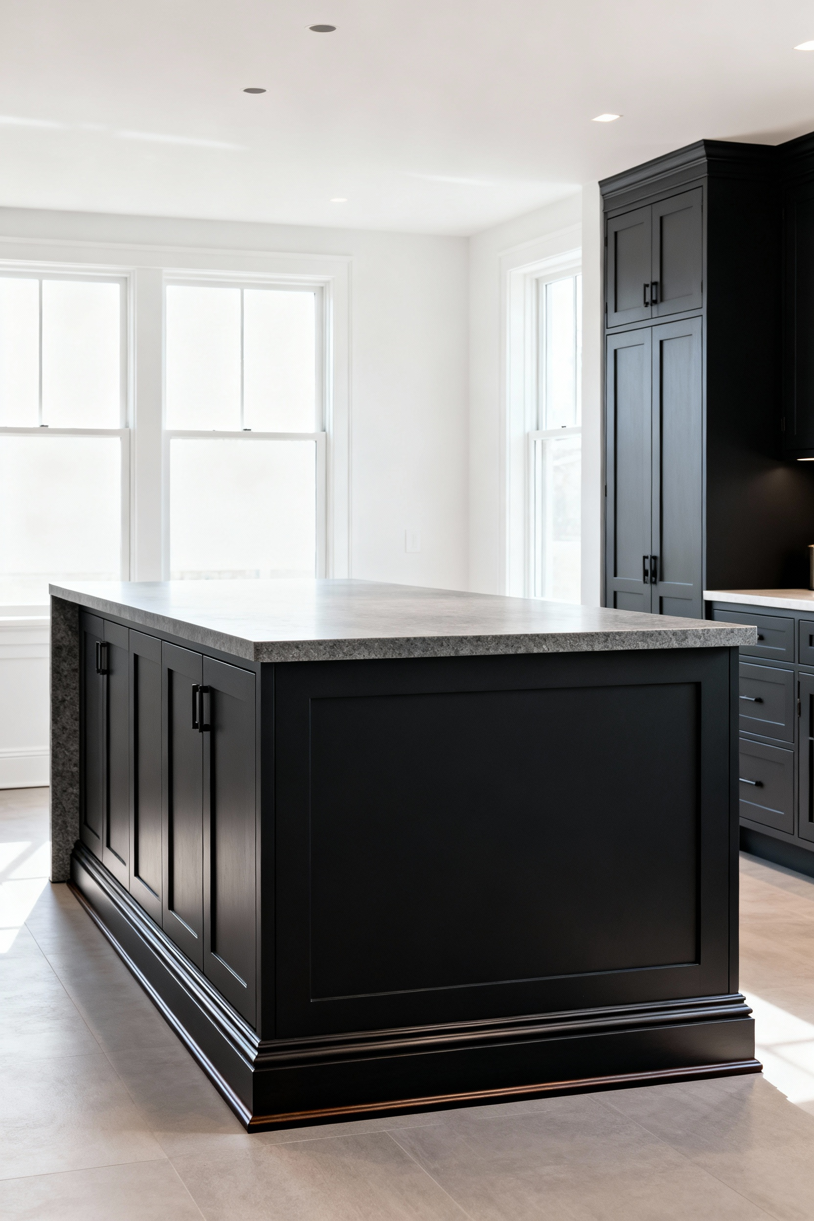 Modern kitchen island with honed Basaltina waterfall edge and charcoal cabinetry featuring a toe kick with elegant 1920s Craftsman-inspired molding for legacy integration.