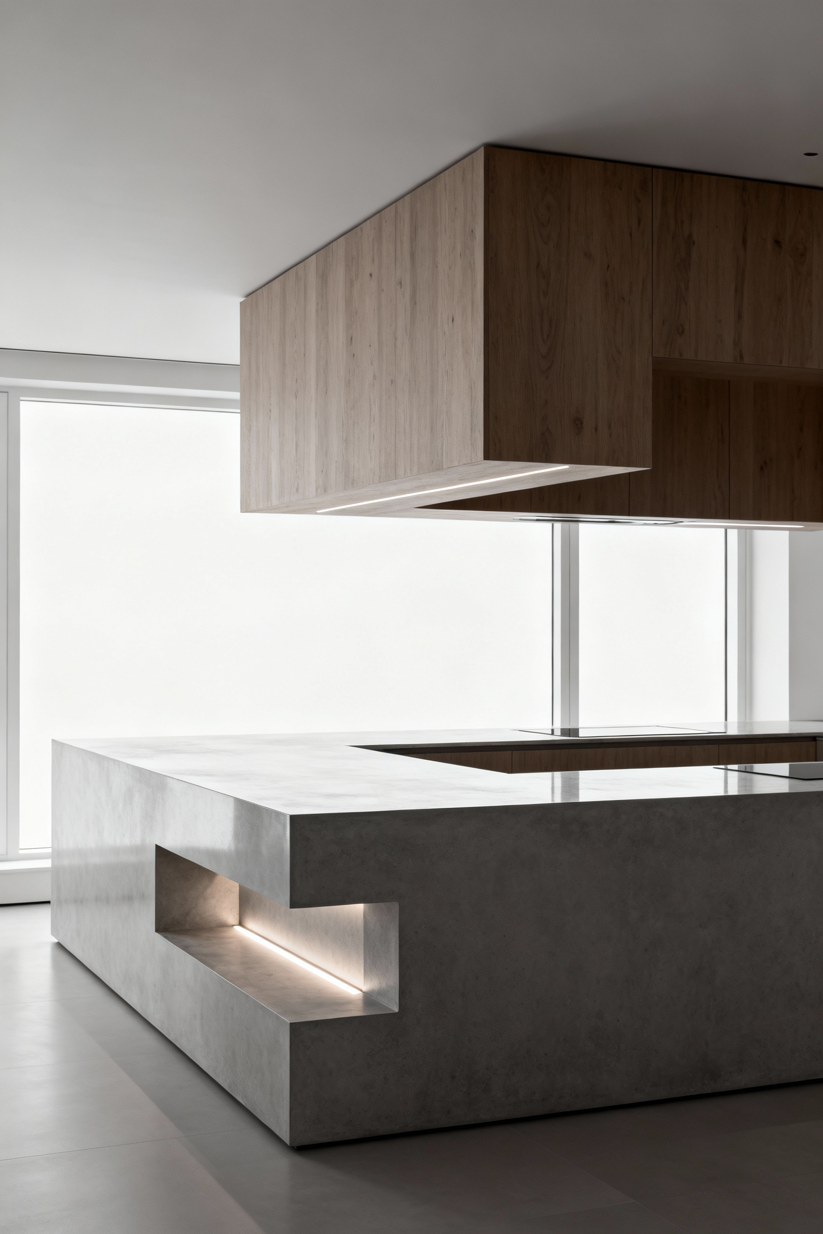 A minimalist modern kitchen island featuring sculpted negative spaces with integrated lighting, showing contrasting materials like polished concrete and timber for visual serenity.