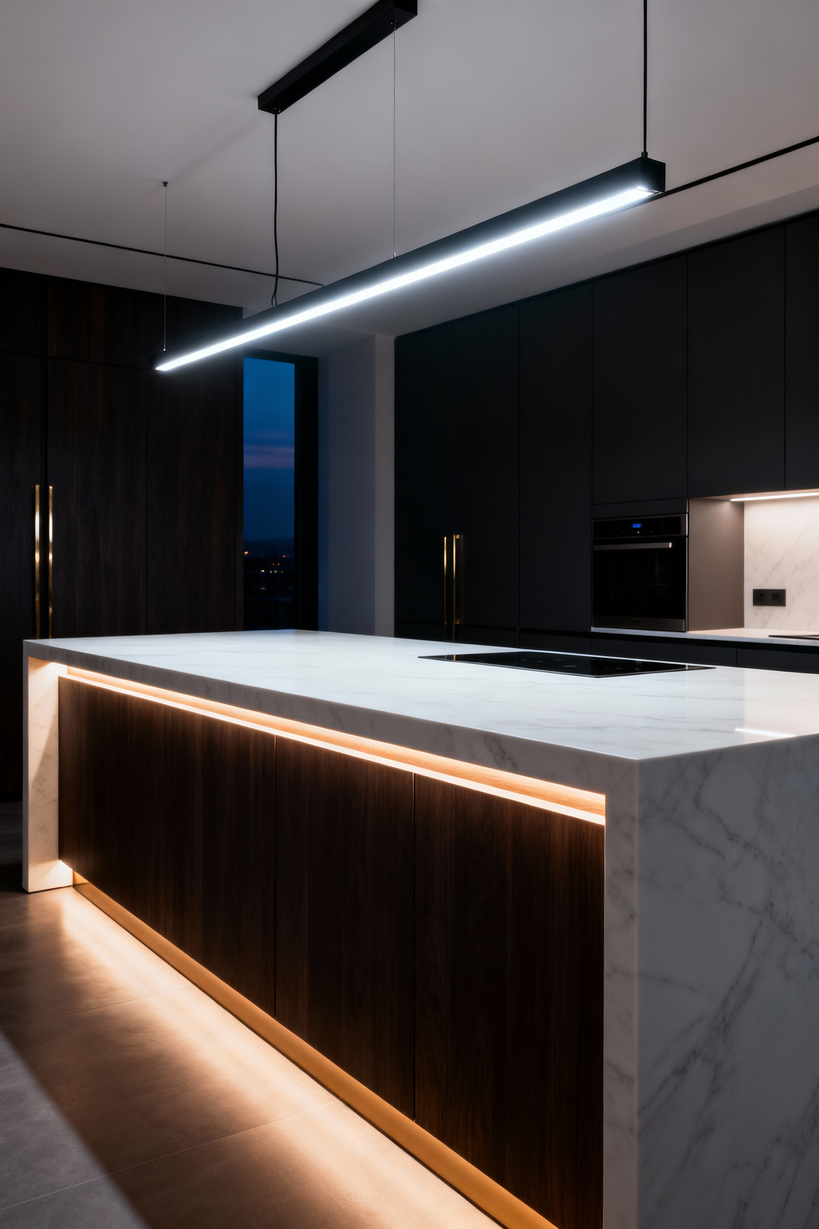 Modern kitchen island with sophisticated dynamic lighting showing both bright task lights and warm ambient glow.