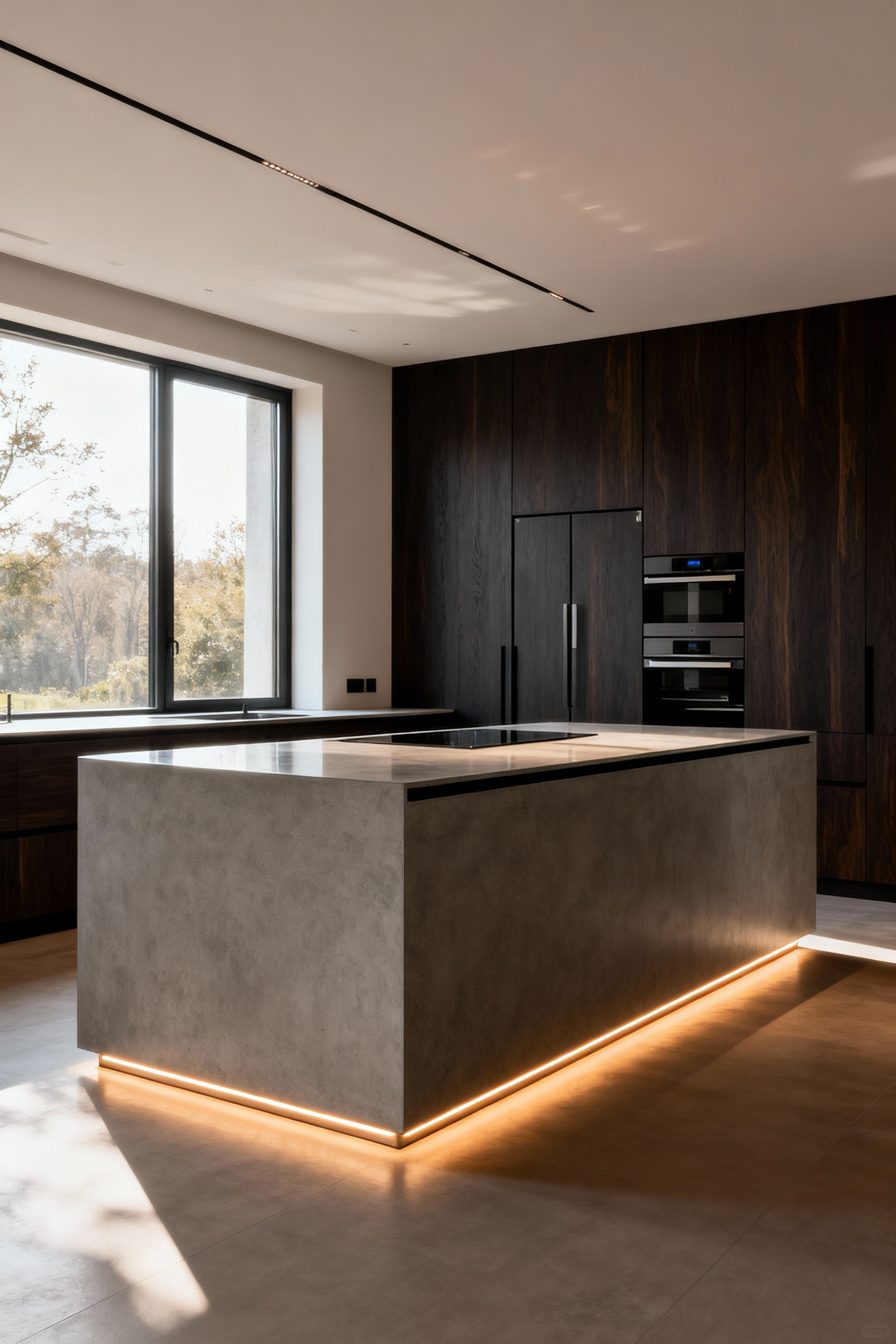 Modern kitchen island with seamlessly integrated concealed smart appliances, featuring smooth concrete and wood surfaces and a minimalist aesthetic.