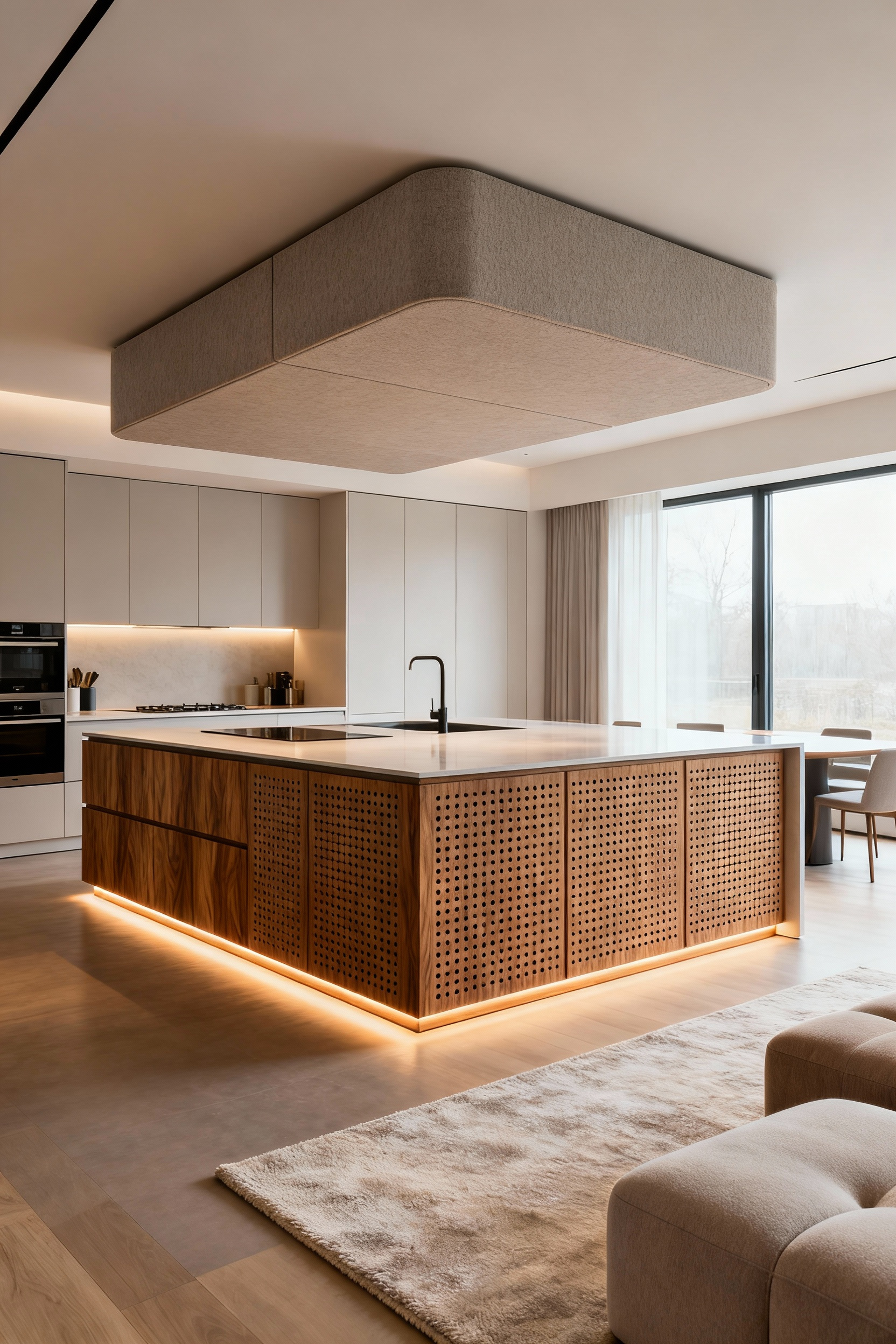 A modern open-concept kitchen and living area featuring a sleek kitchen island with integrated acoustic panels and a suspended acoustic ceiling baffle, showcasing harmonious acoustical design.