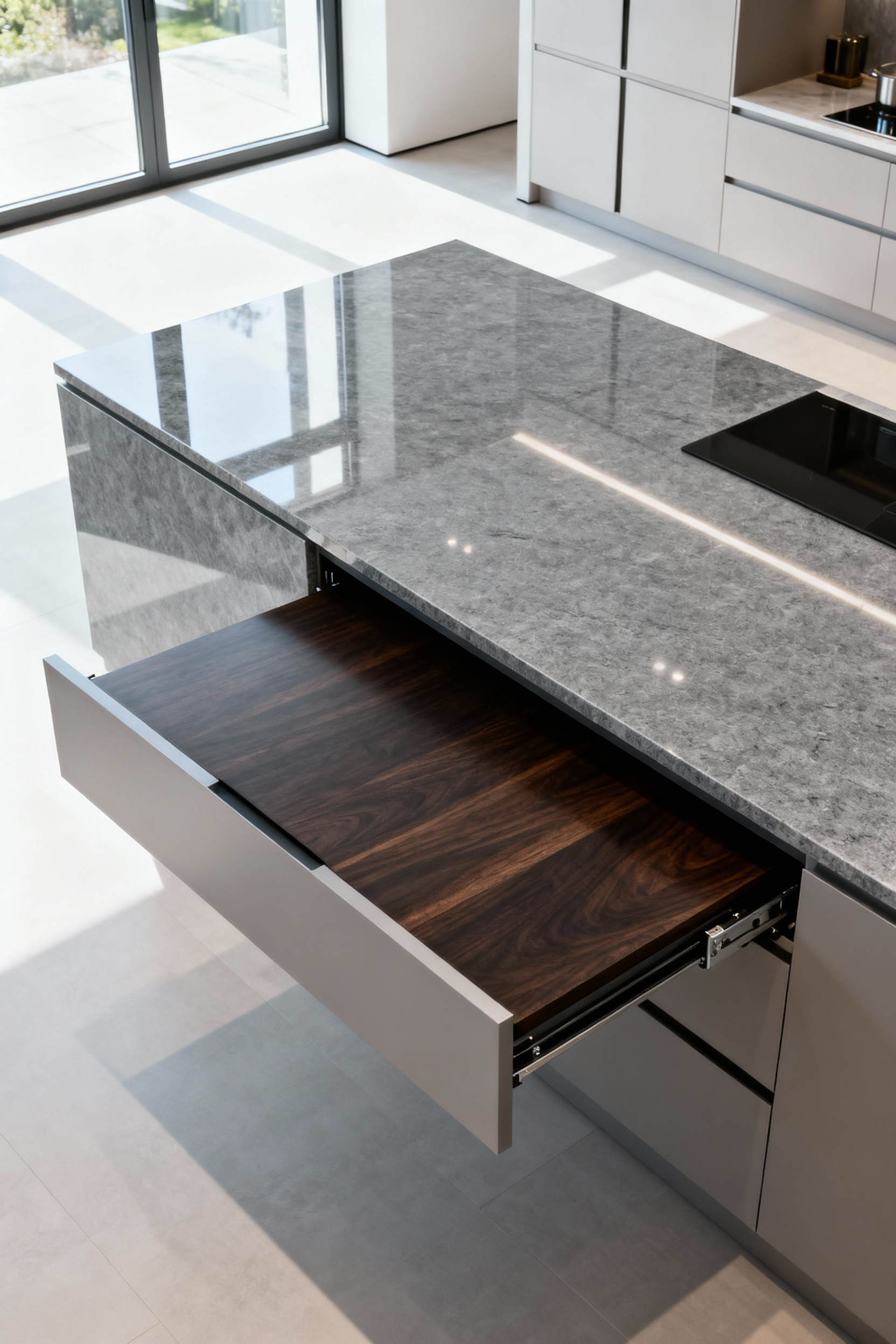 Modern kitchen island with a partially extended dynamic surface, crafted from grey quartz and dark wood, showcasing seamless retractability in a high-end minimalist kitchen setting.