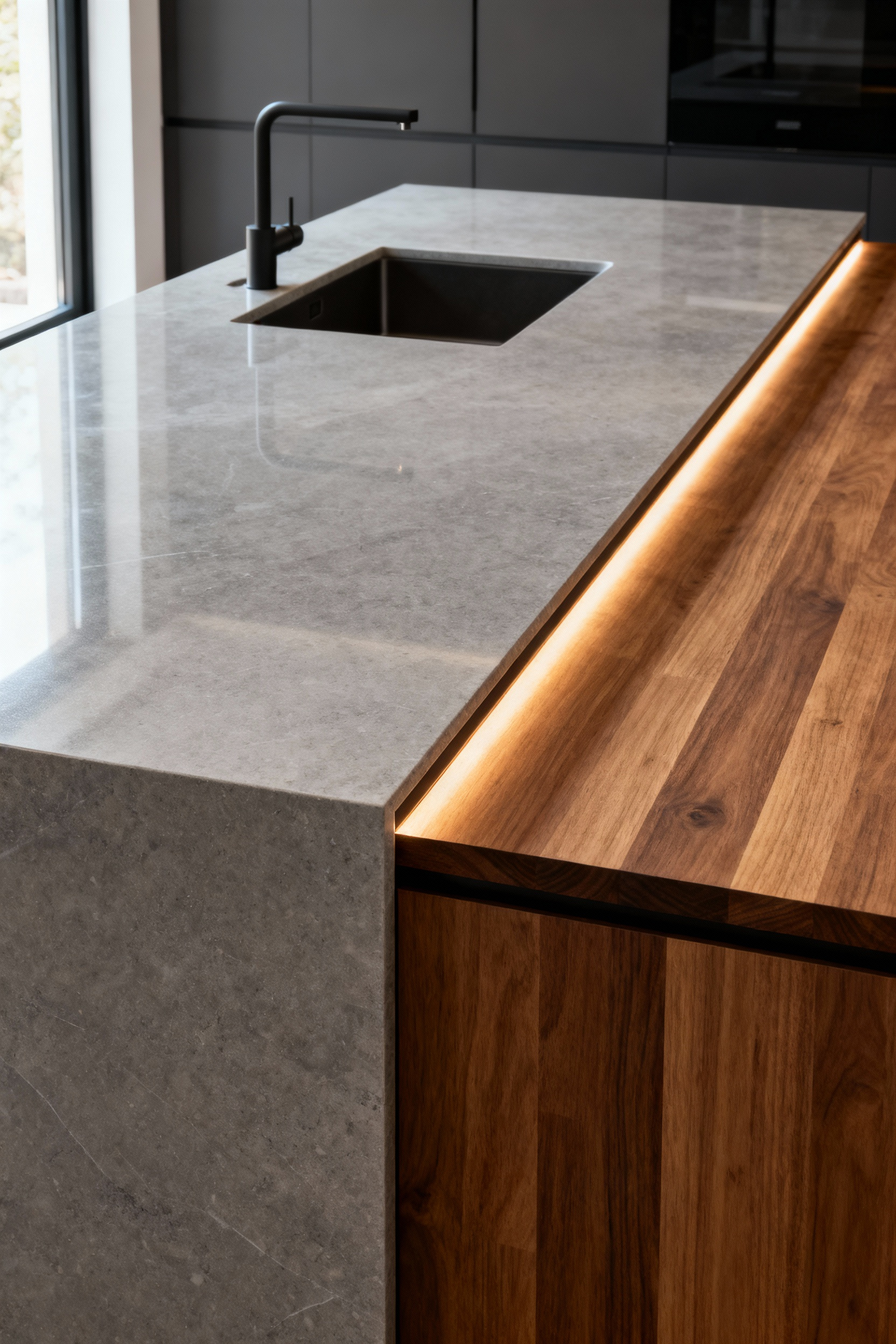 Modern kitchen island showcasing precision zoning with distinct wet and dry prep micro-regions defined by contrasting quartz and timber countertops, illuminated by subtle under-counter lighting.