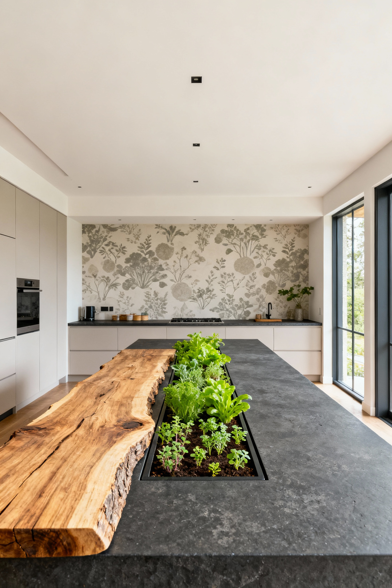 Modern biophilic kitchen island with integrated herb garden, natural stone countertop, and live-edge wood bar, designed for restorative natural connection.