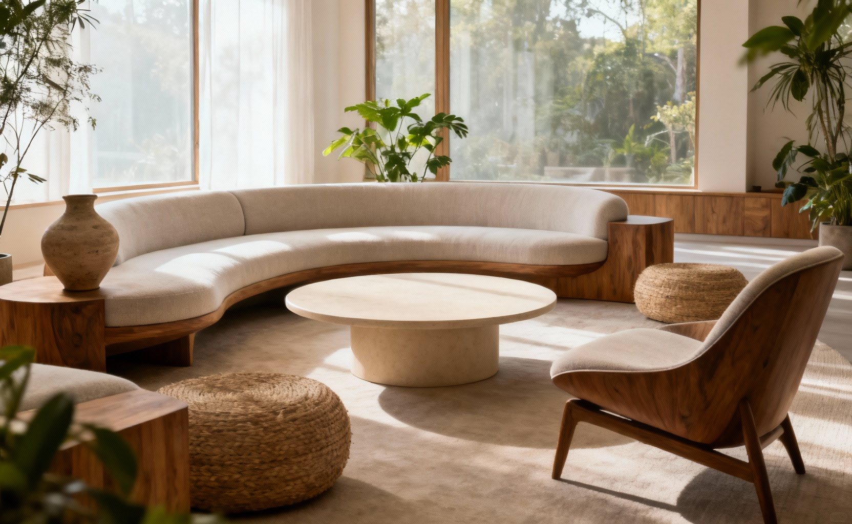 Thoughtfully designed living room with harmonious furniture selection, emphasizing natural materials, balanced forms, and clear pathways under soft natural light, conveying energetic resonance and well-being.