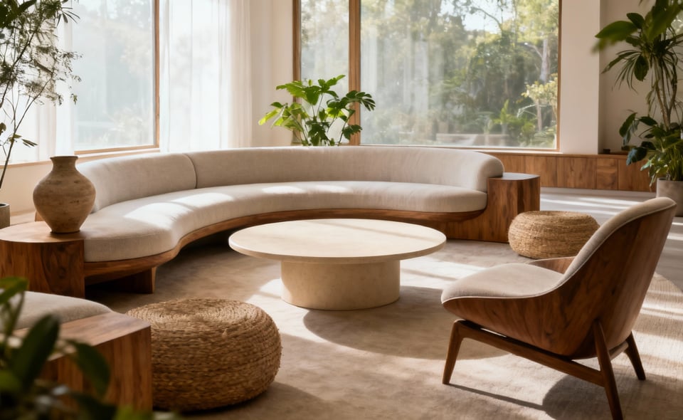 Thoughtfully designed living room with harmonious furniture selection, emphasizing natural materials, balanced forms, and clear pathways under soft natural light, conveying energetic resonance and well-being.