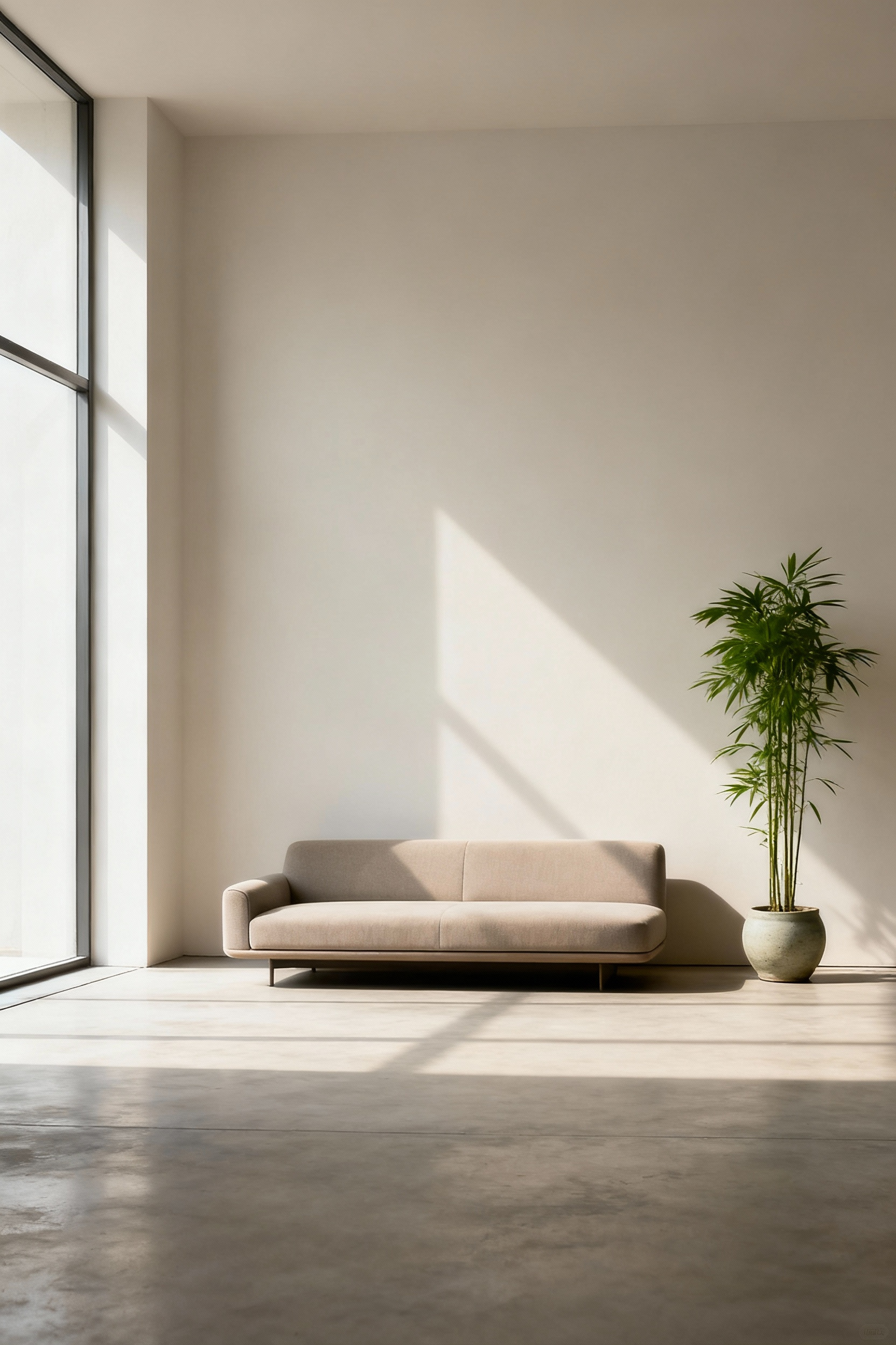 A minimalist living room emphasizing negative space, with a low-profile sofa, expansive white wall, clear floor, and soft natural light for mental clarity.
