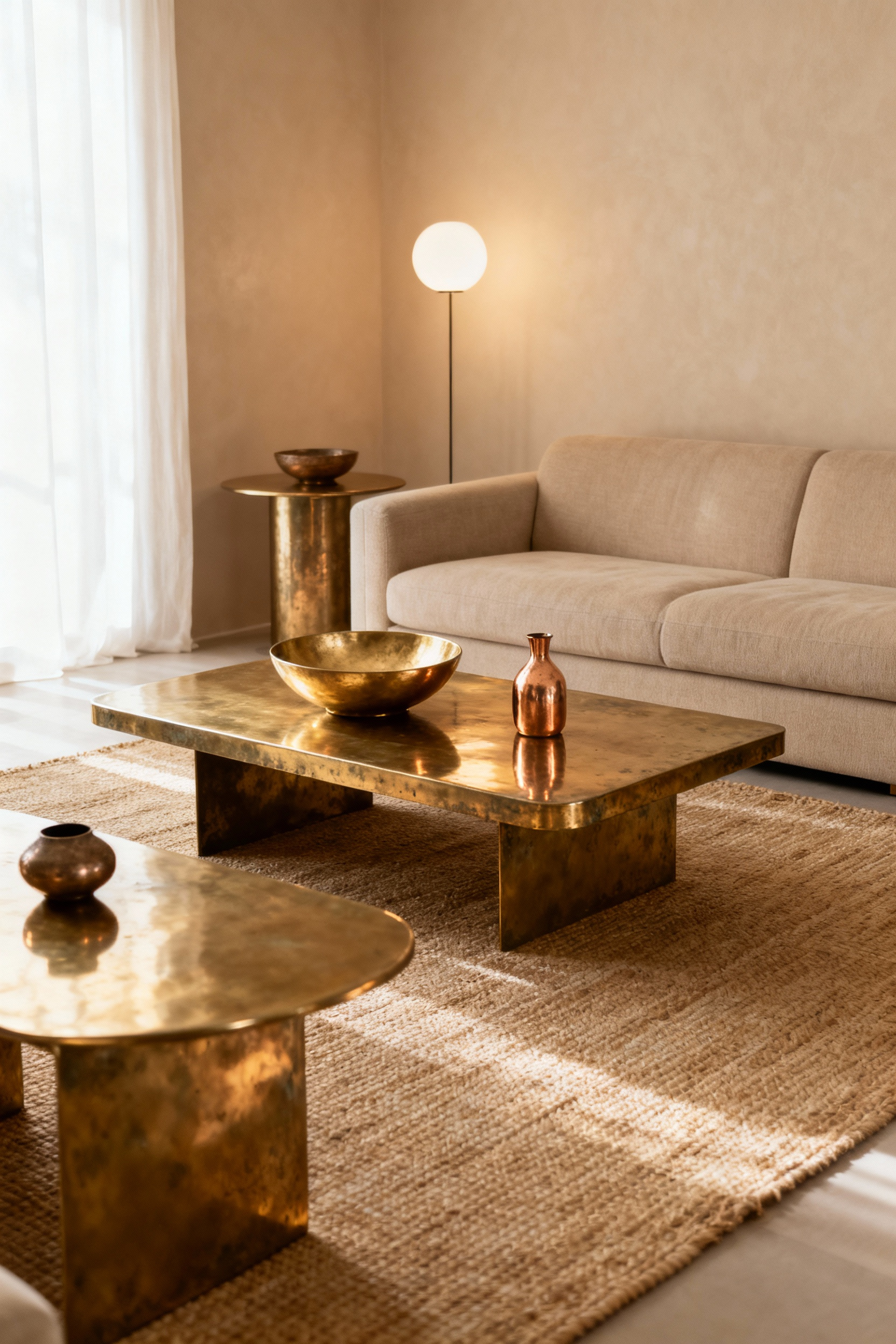 Modern living room featuring a central antique brass coffee table and side table, reflecting soft natural light and creating a warm, ambient glow. Brushed gold and copper decorative items enhance the metallic accents and reflective finishes in the space.