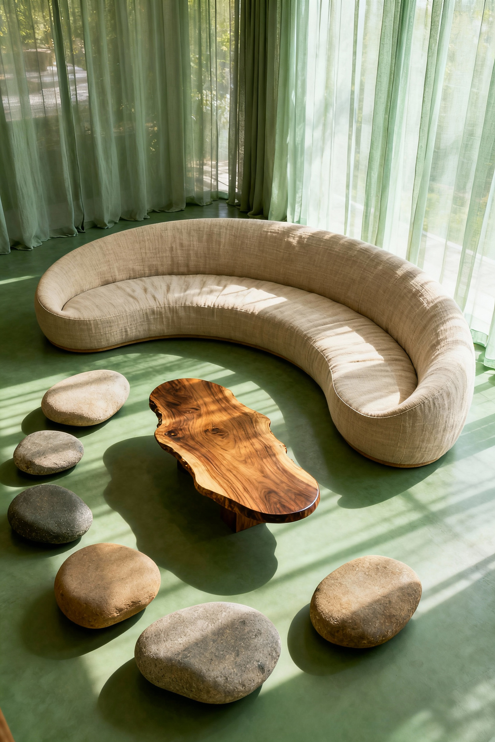 A serene living room showcasing biophilic design with a crescent-shaped linen sectional sofa, pebble-like ottomans, and a live-edge coffee table, emphasizing organic shapes for well-being.