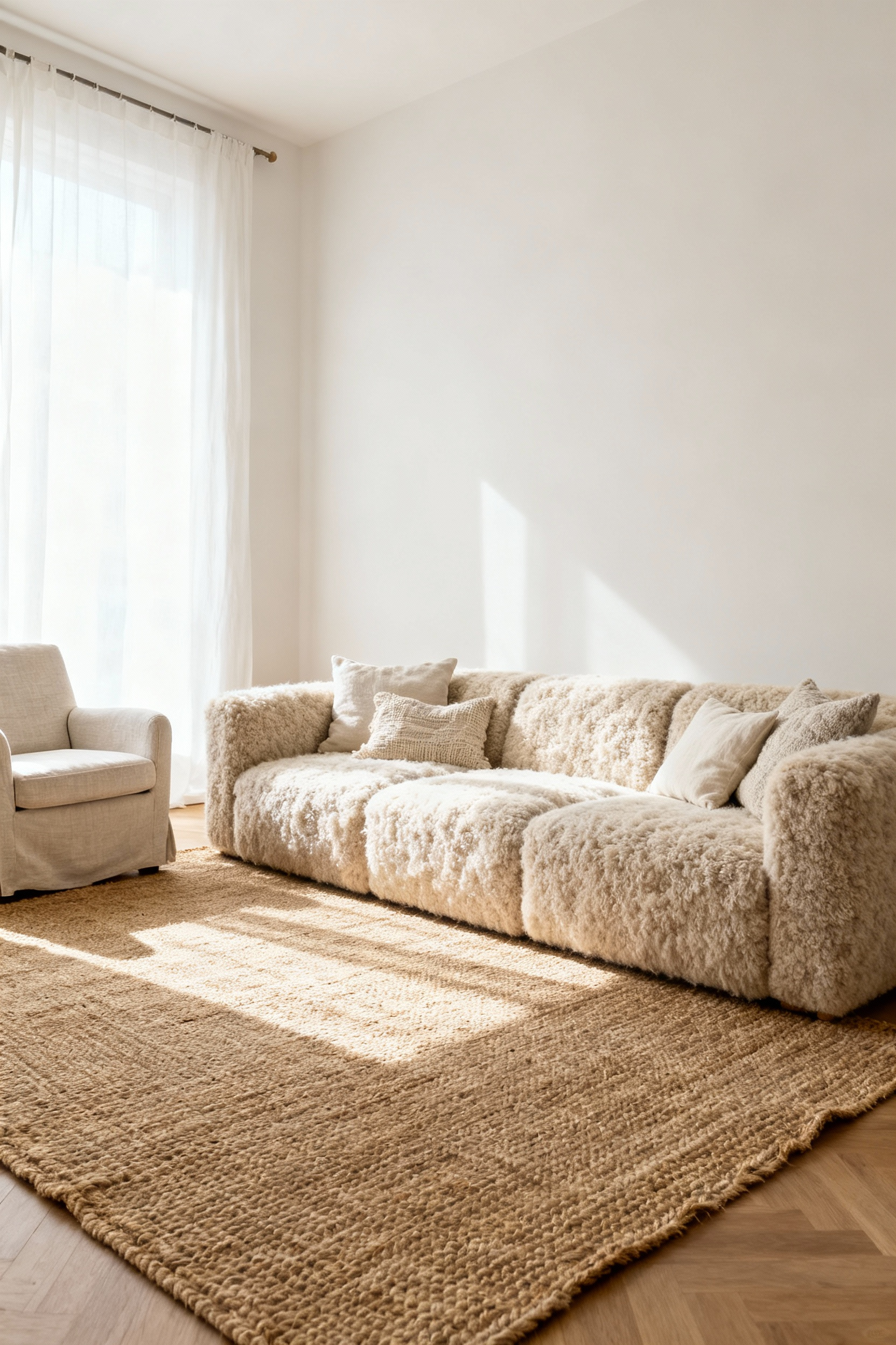 Serene living room with undyed wool sectional sofa, linen armchair, and jute rug, showcasing natural fibers for acoustic comfort and haptic engagement under soft natural light.