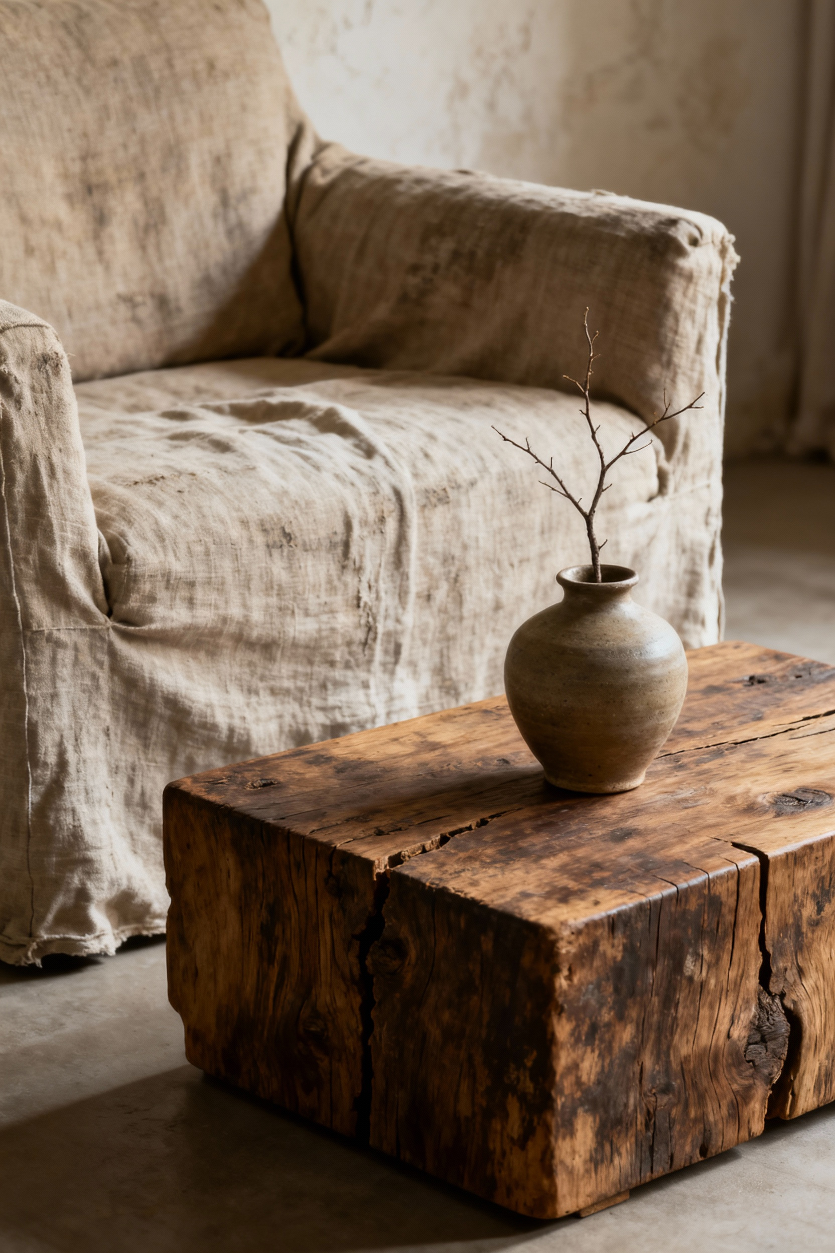 Wabi-Sabi living room corner with reclaimed wood coffee table, distressed linen armchair, and hand-thrown ceramic vase. Diffused natural light accentuates textures.