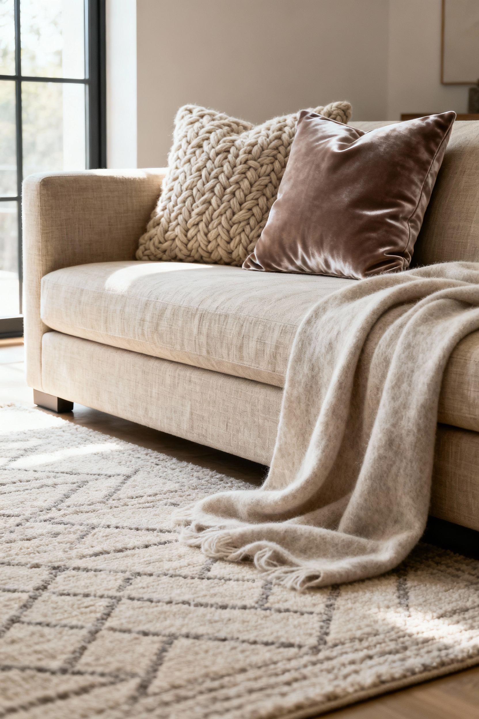 A modern living room with a linen sofa, chunky knit pillows, velvet cushion, and wool throw, showcasing diverse upholstery textures under natural light.