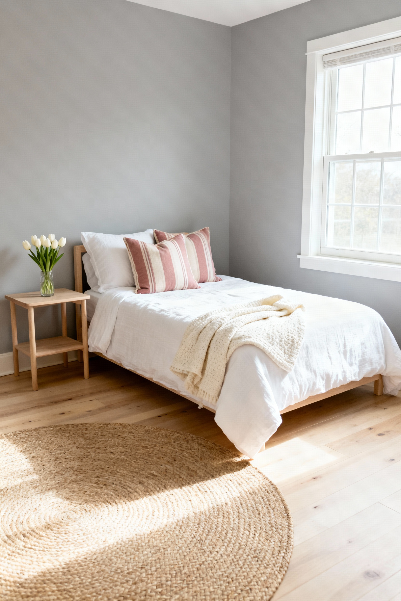 A stylish girl's bedroom featuring warm gray walls, a crisp white duvet base, and easily swappable seasonal accessories like a cotton throw and striped pillows, illustrating year-round decor changes.