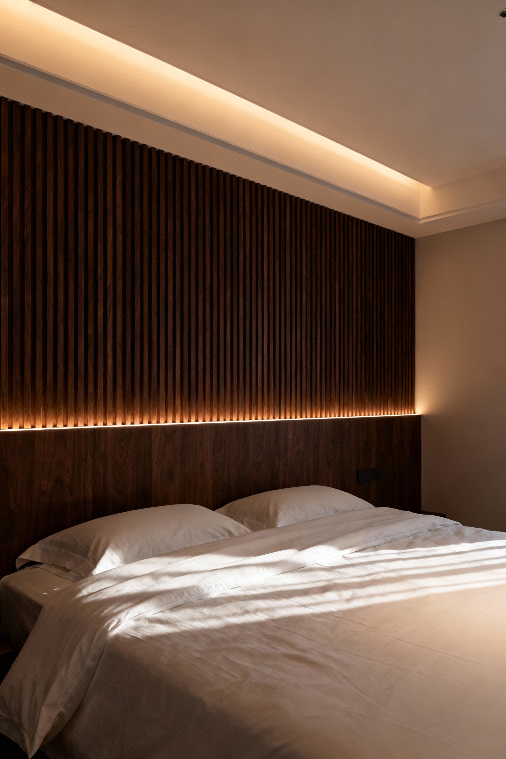 A modern bedroom interior featuring decorative dark wood slat panels on the wall with hidden color-tunable smart LED strips emitting a very warm, dim 2400K light optimized for evening circadian rhythm synchronization.