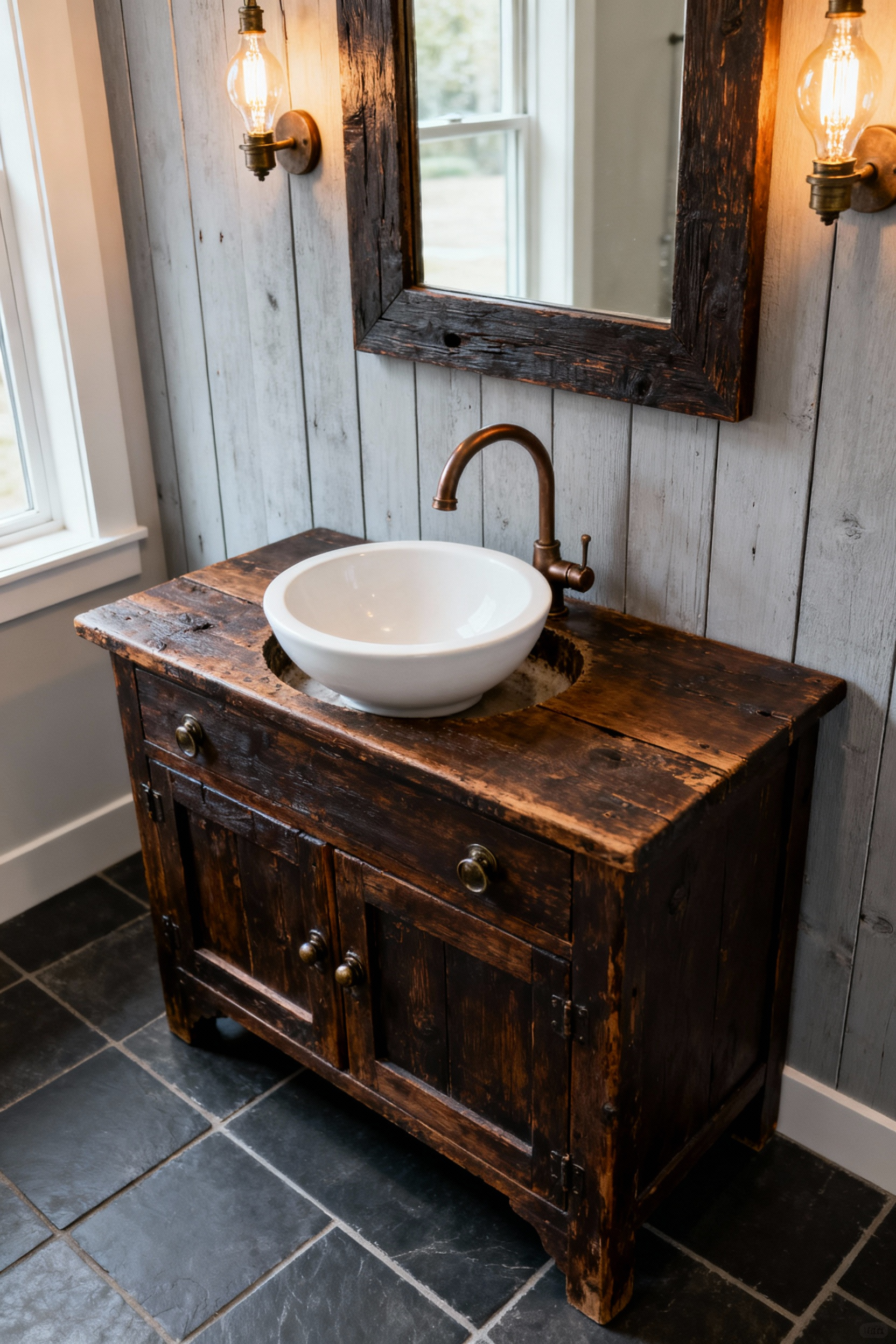 A high-end rustic bathroom features an antique dry sink converted into a vanity, housing a modern white vessel sink and oil-rubbed bronze faucet against a reclaimed wood wall.