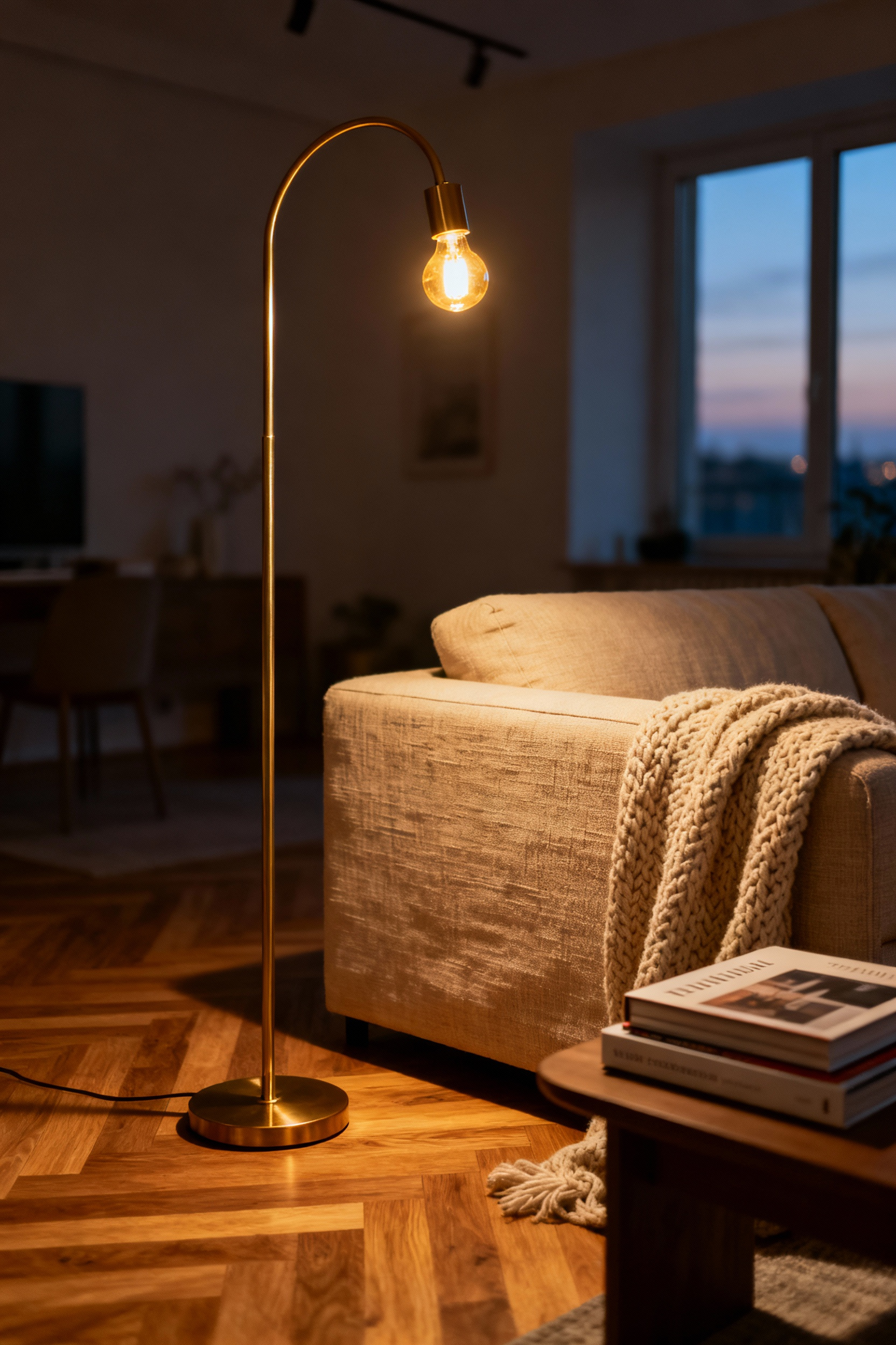 A modern apartment living room illuminated solely by a brass arc floor lamp casting a warm 2700K soft white light over a beige sofa, illustrating the effective use of layered lighting to create a cozy, shadow-rich atmosphere.