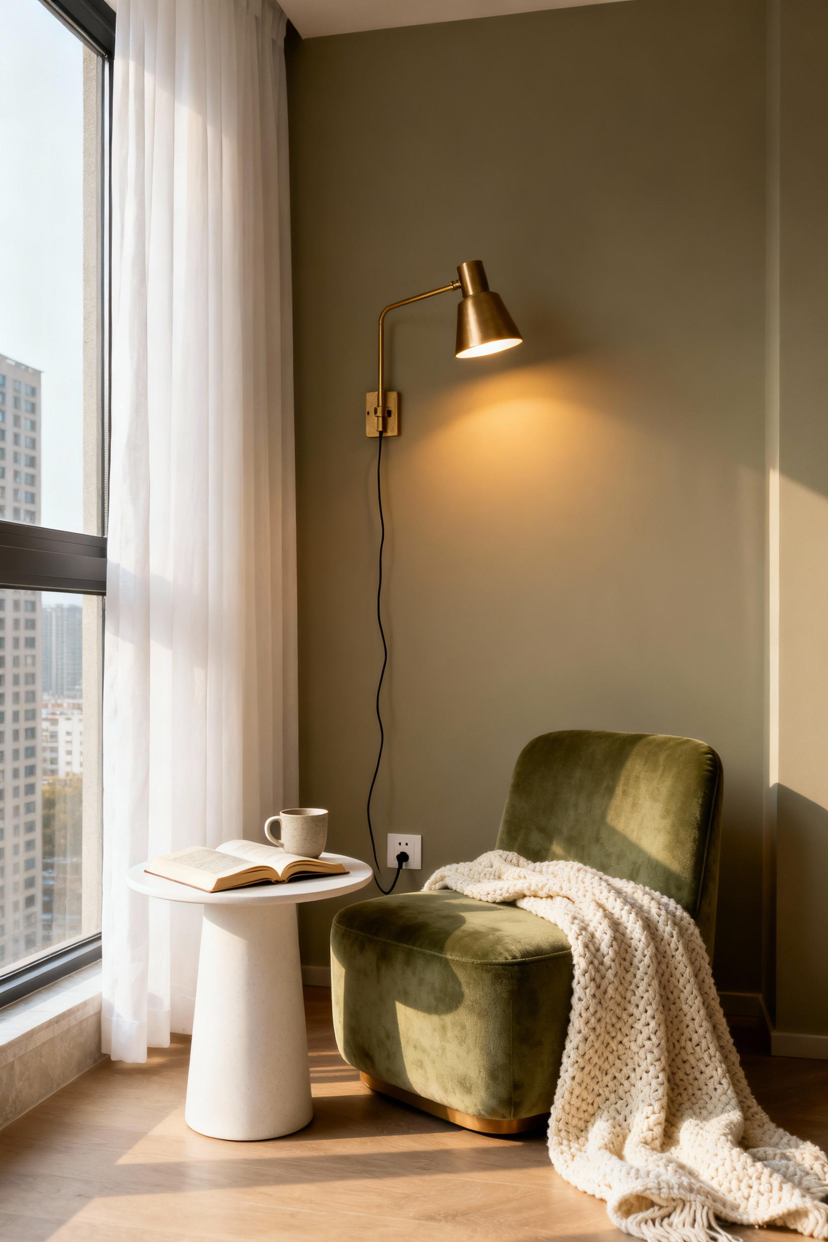 A small, efficient micro-reading nook in an apartment corner featuring a sage green slipper chair, a brass wall sconce plugged into an outlet, and abundant natural light from a nearby window.