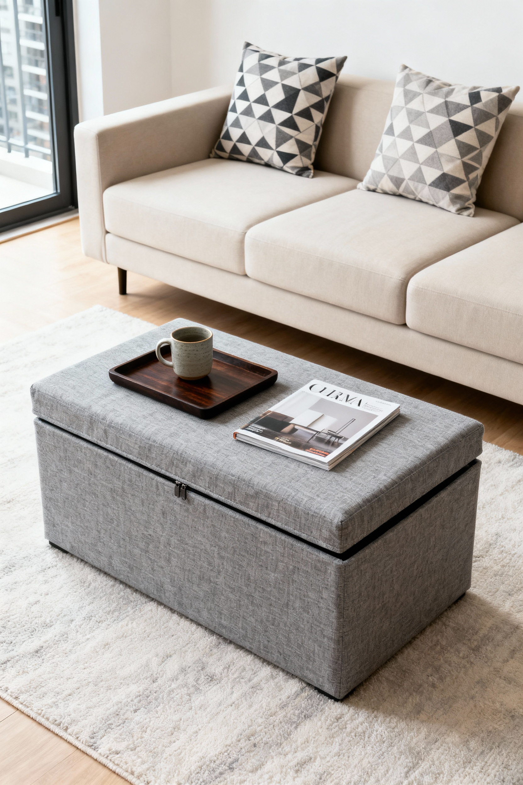 A heather gray linen storage ottoman serving as a coffee table in a bright, space-saving apartment living room.