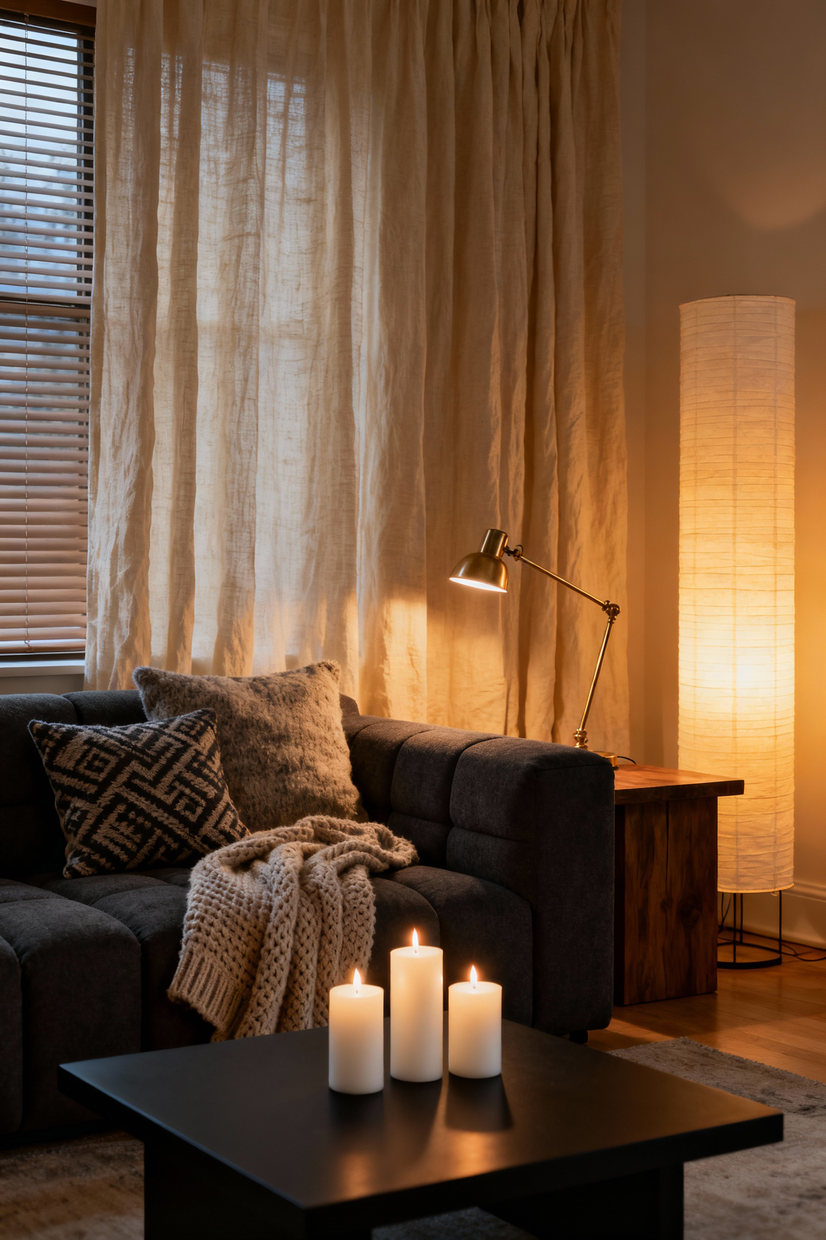 A warm, inviting apartment living room corner featuring floor-to-ceiling cream linen draperies and layered soft lighting from lamps and flickering candles, illustrating the transformation of a generic rental space.