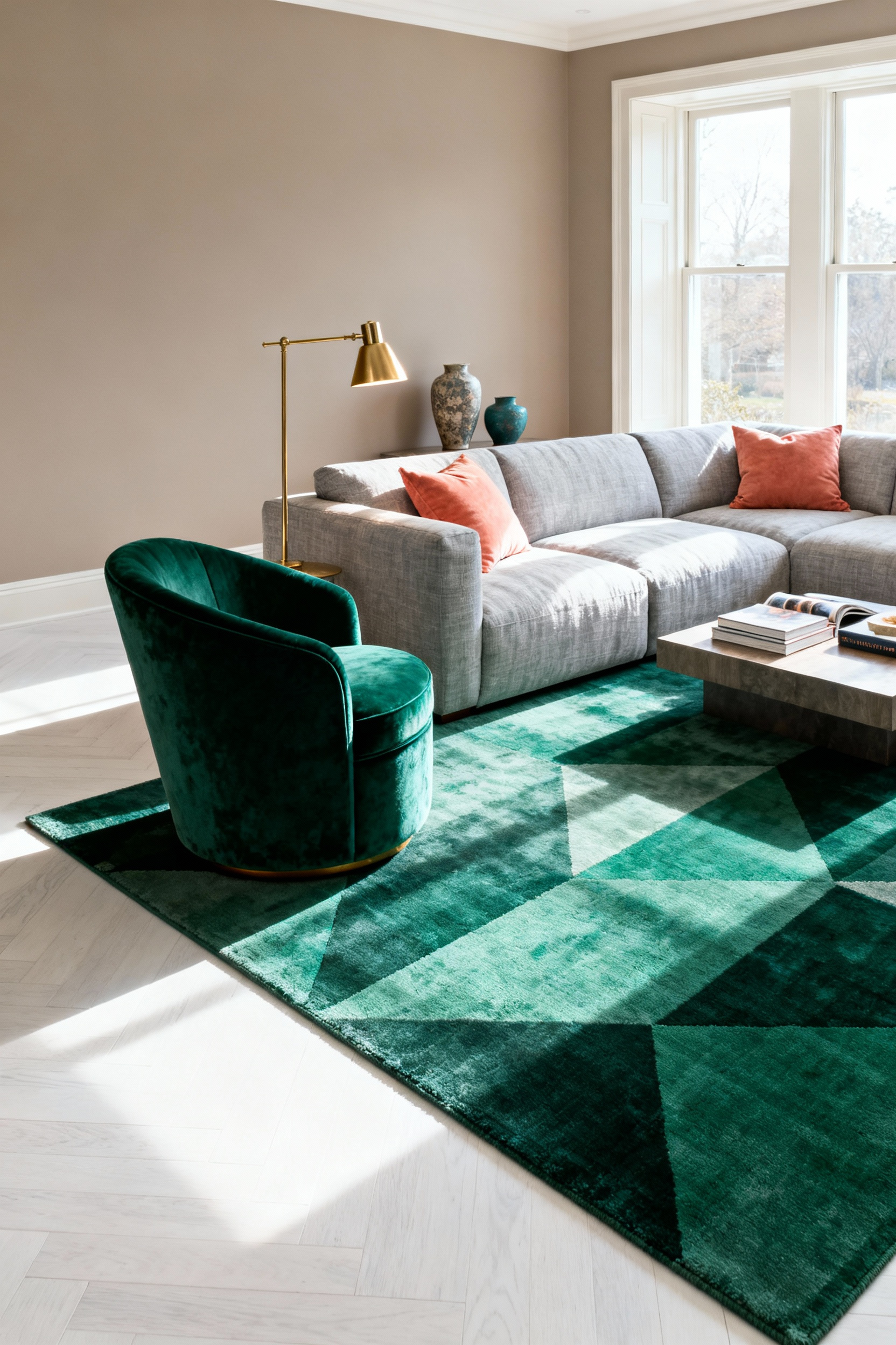 A modern living room demonstrating the 60-30-10 color rule, featuring light taupe walls (60%), an emerald green velvet accent chair and abstract rug (30%), and brass accents (10%).