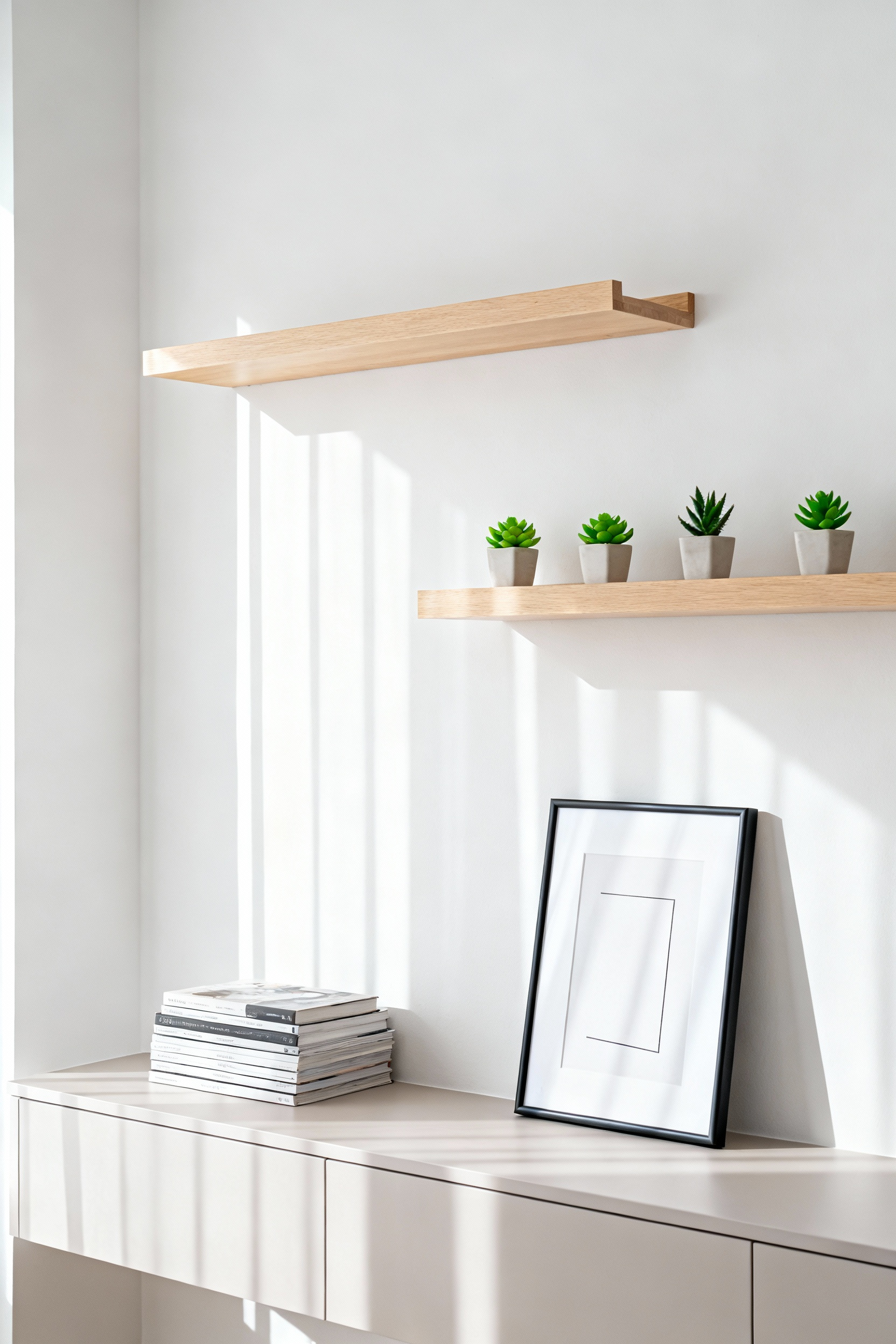 High floating light wood shelves styled with plants and books mounted on a white wall in a modern apartment, illustrating space-saving renter-friendly decorating ideas.