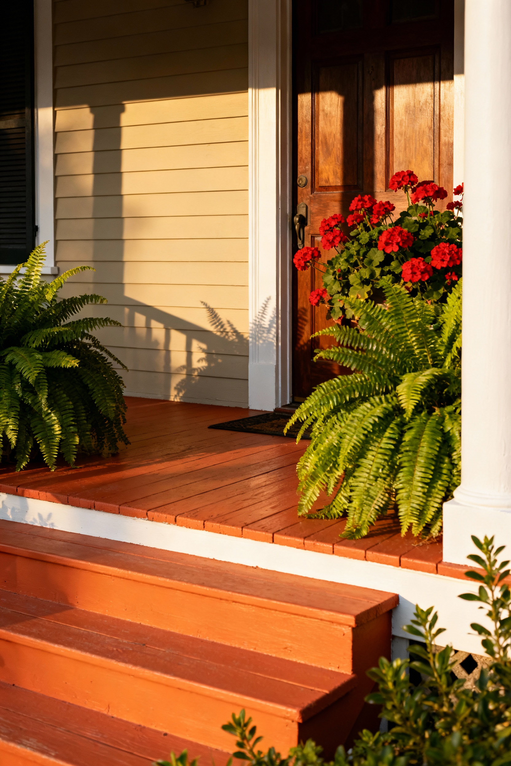 A beautifully designed home entryway featuring a porch painted in a warm terracotta hue, creating a hospitable and inviting first impression under golden hour light.