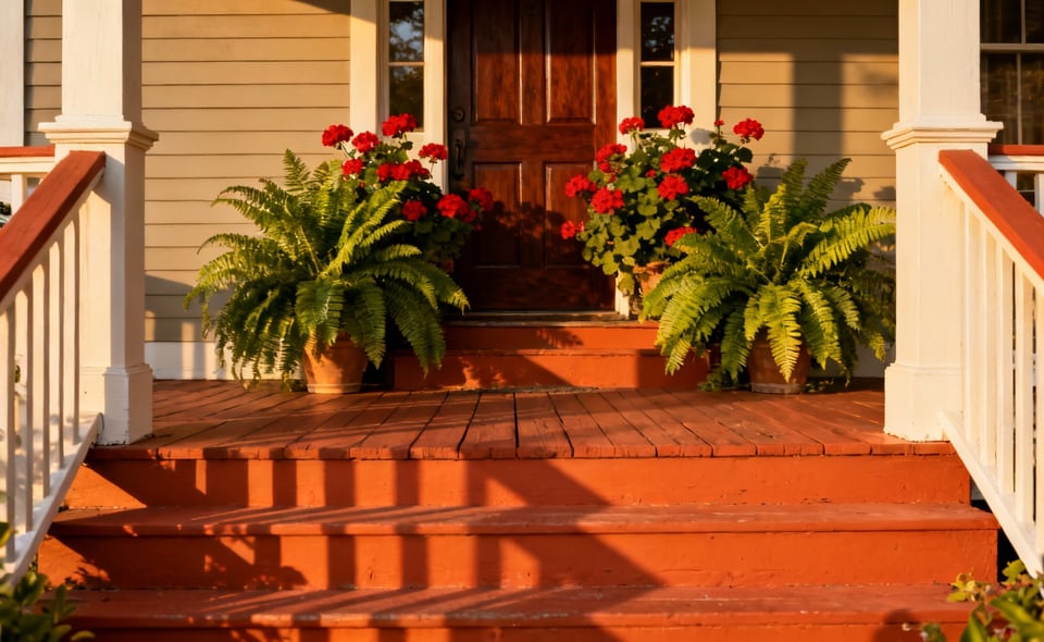A beautifully designed home entryway featuring a porch painted in a warm terracotta hue, creating a hospitable and inviting first impression under golden hour light.