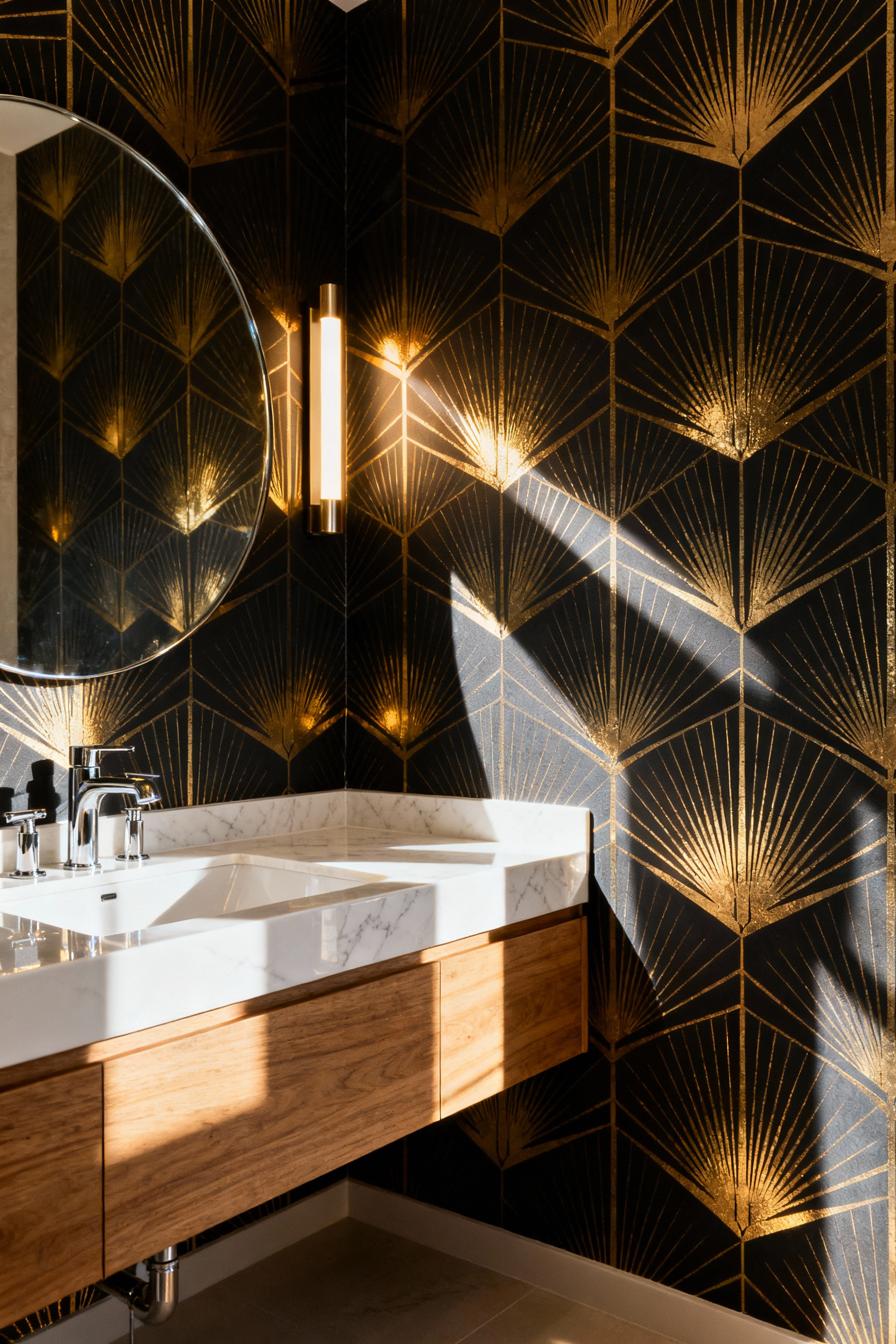 High-resolution architectural photograph of a luxury bathroom featuring sharp Art Deco geometric wallpaper in emerald green and gold, contrasted with a Carrara marble vanity and chrome fixtures, shot with professional golden hour lighting.