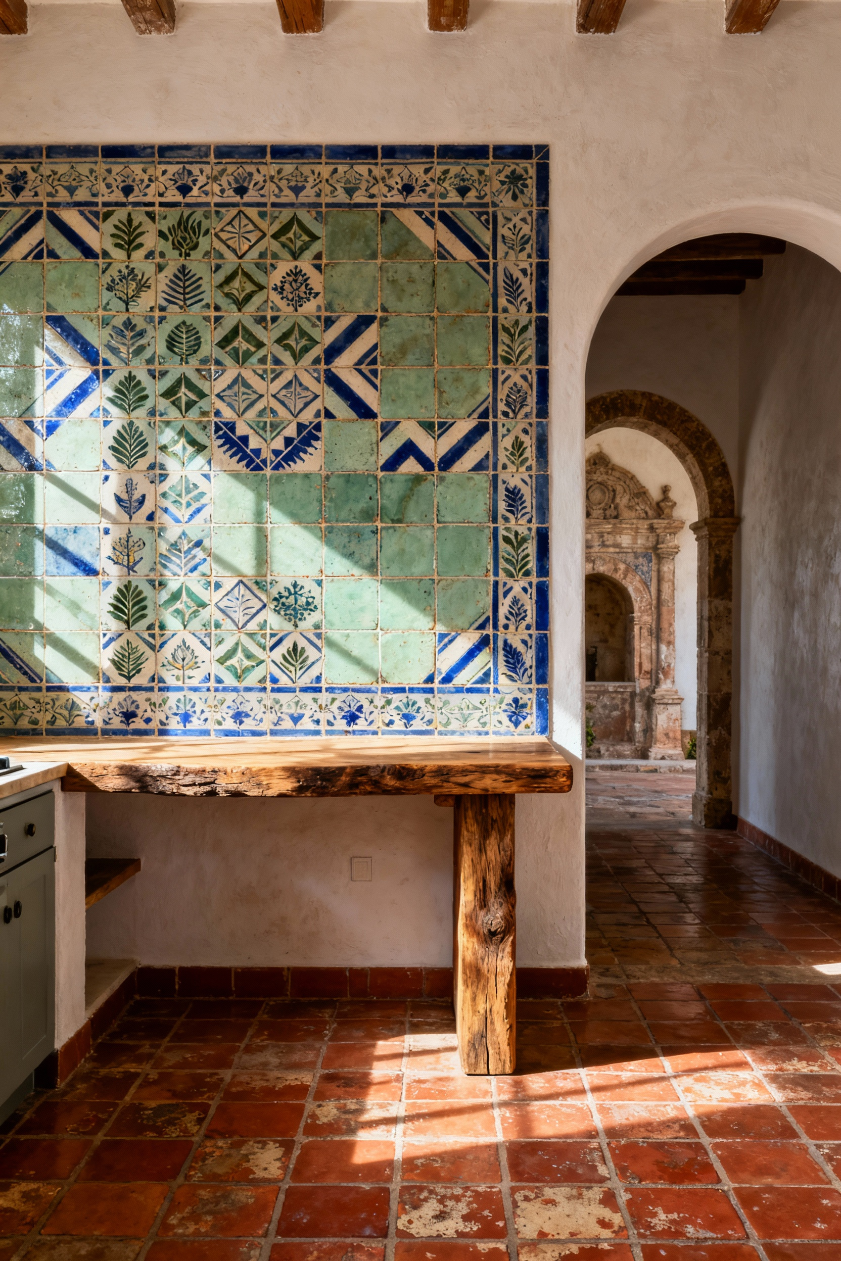 Close-up of intricate hand-painted encaustic cement tile backsplash and rustic Saltillo tile flooring in a historic Spanish Colonial Revival kitchen. The tiles feature regional flora and geometric patterns.