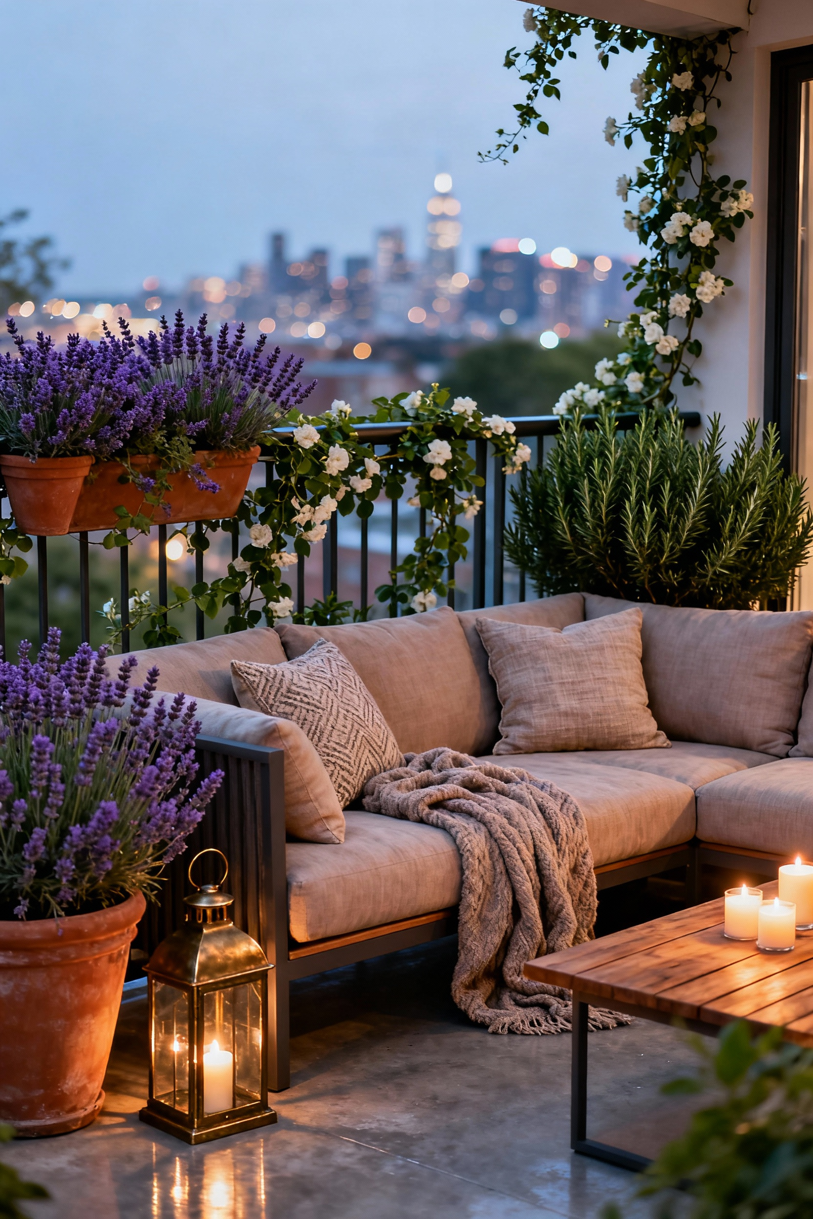 A luxurious urban balcony at twilight featuring a cozy sectional sofa, abundant fragrant live plants like lavender and jasmine, and warm lantern lighting, illustrating sensory outdoor living design.