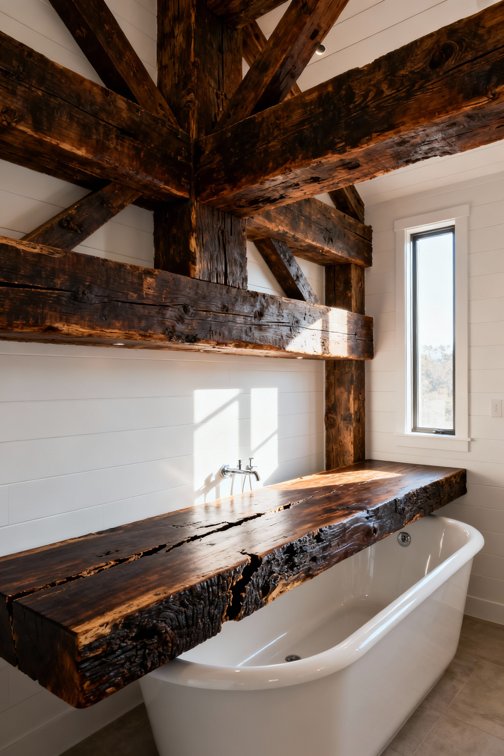 Authentic structural reclaimed timber beams installed in a luxury rustic bathroom above a white freestanding tub and shiplap walls, emphasizing the density and historical weight of old-growth wood.