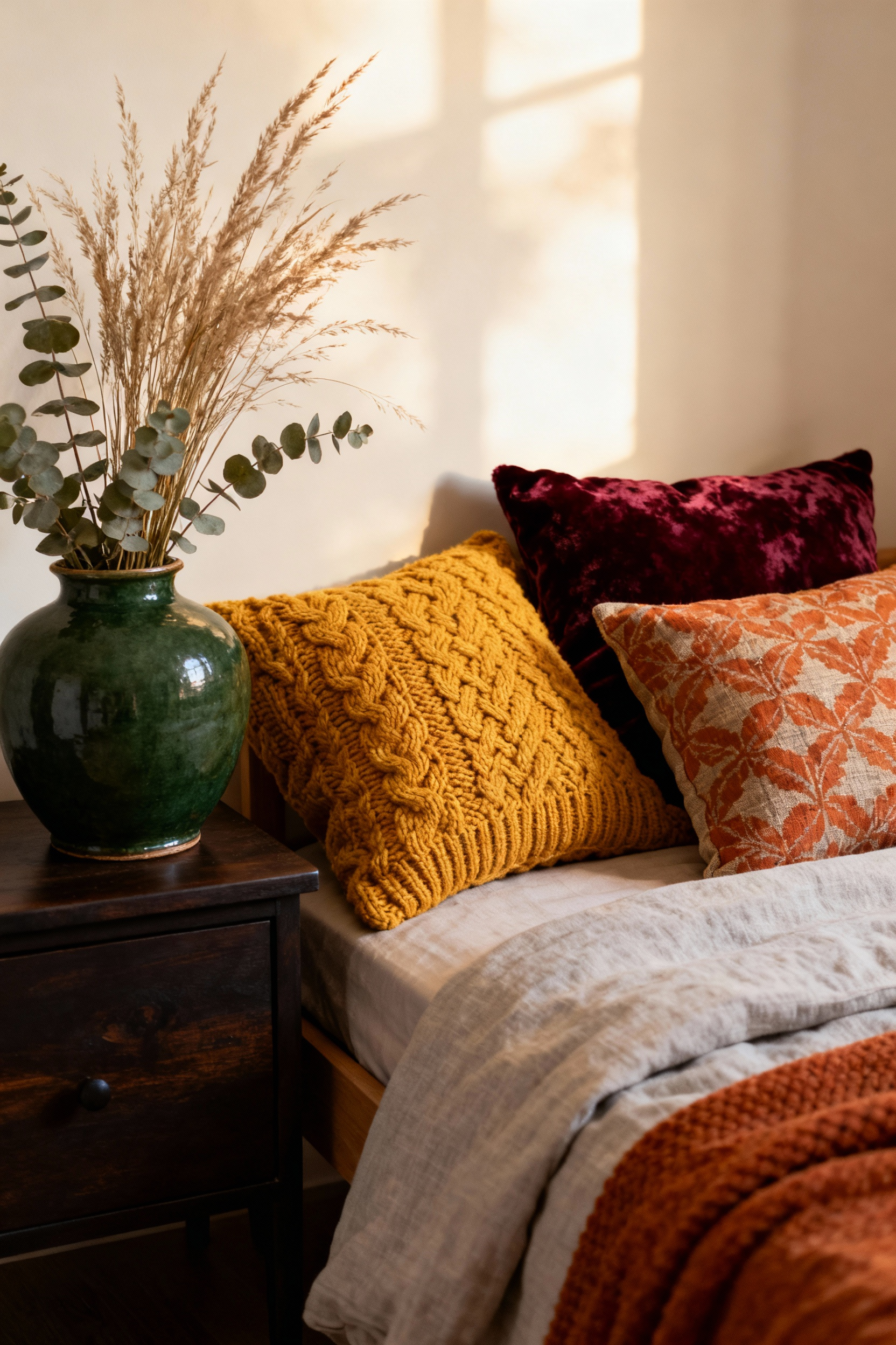 Bedroom corner showcasing a warm autumn color palette with mustard yellow knit and burgundy velvet throw pillows on a daybed next to a forest green accent vase.