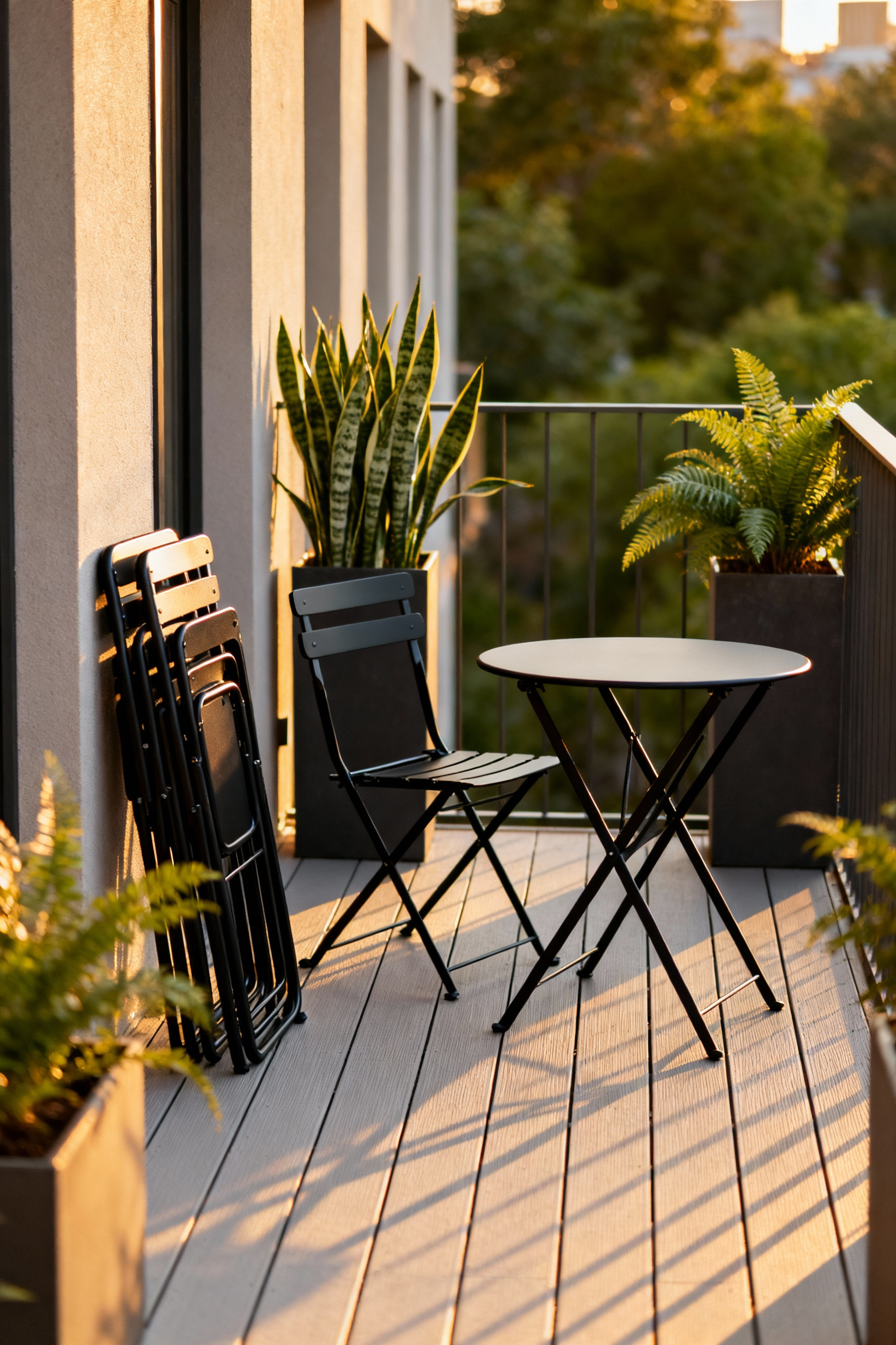Sleek matte black aluminum folding chairs and a small matching table arranged on a modern apartment balcony, with extra chairs stacked neatly against the wall to demonstrate space-saving solutions.