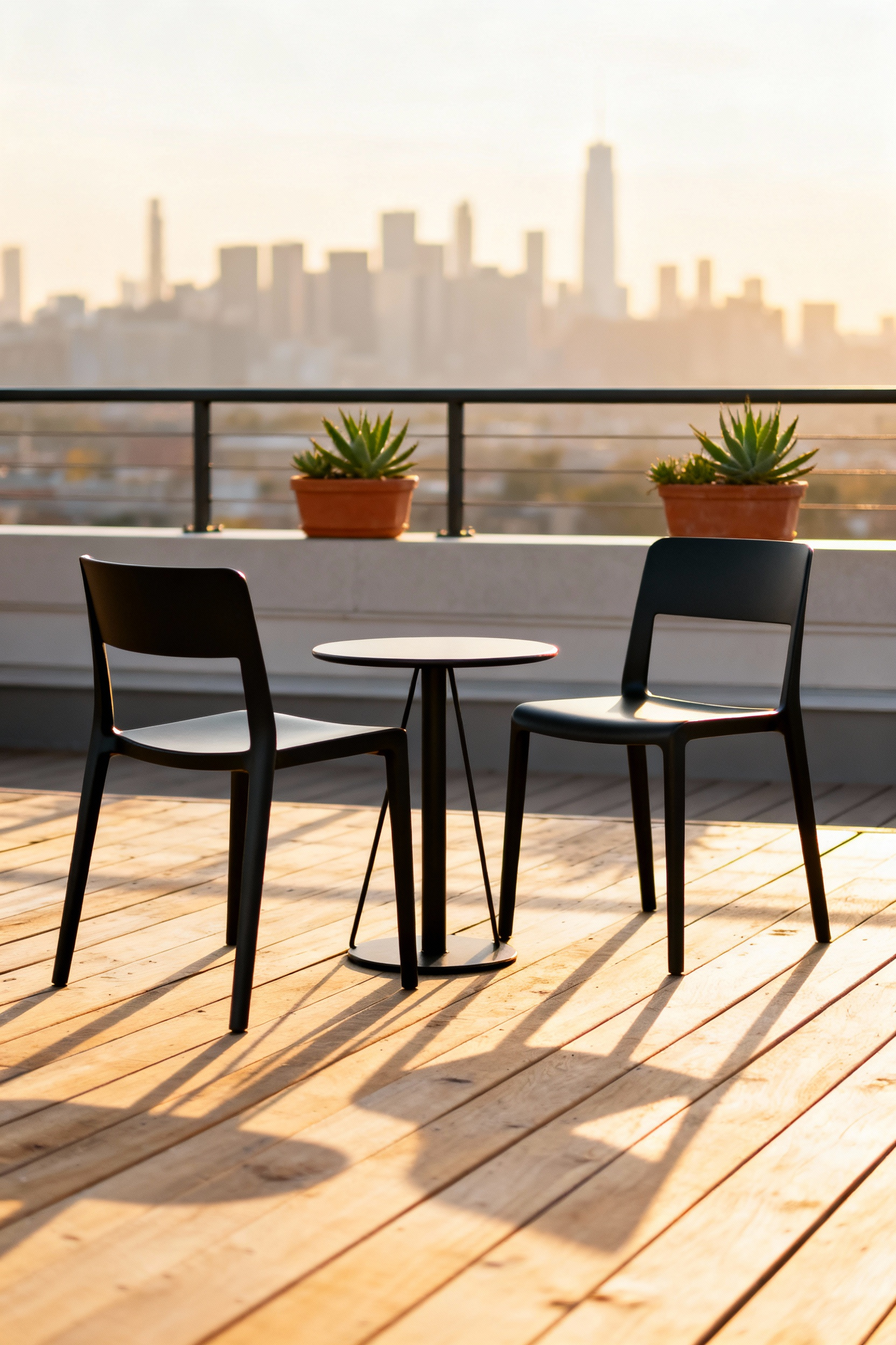 A small urban balcony featuring slim, black open-frame aluminum chairs and a bistro table, demonstrating how minimal profile furniture expands the perceived space against a soft-focus city skyline background.