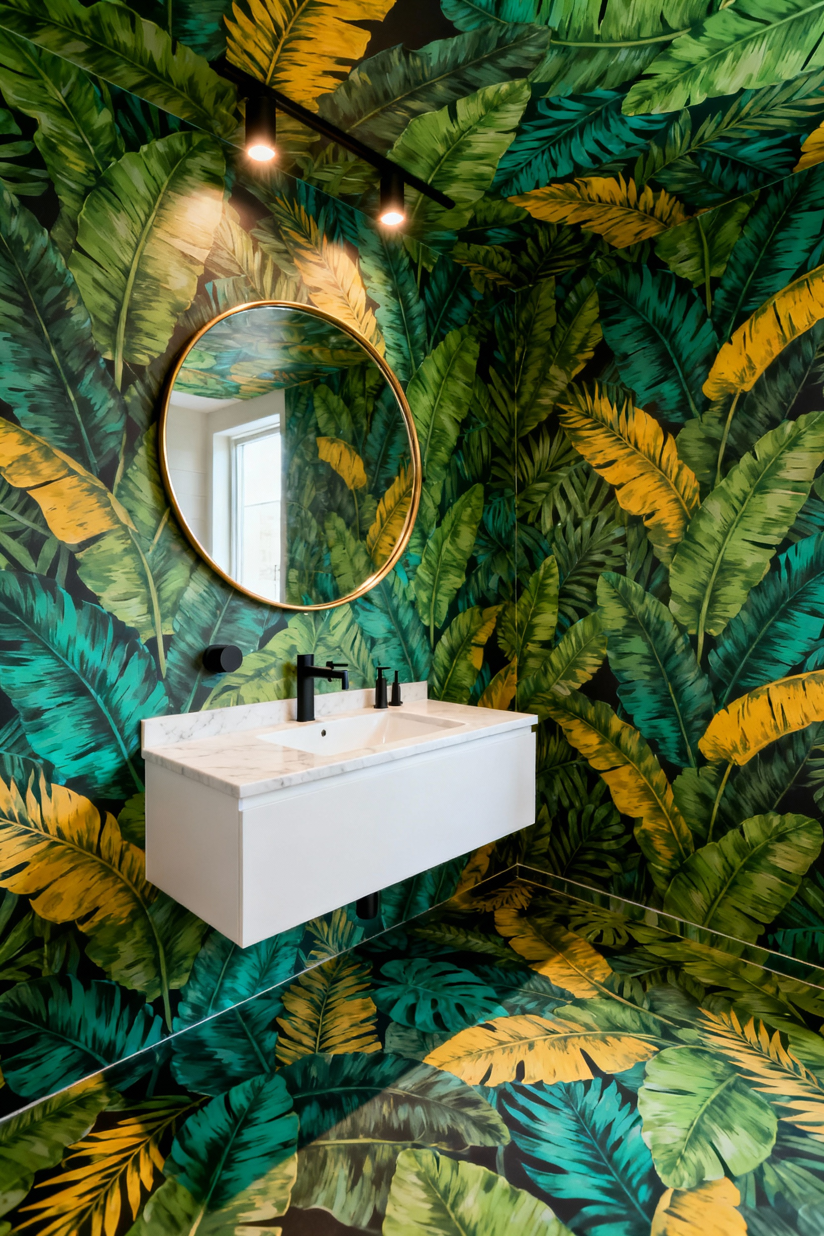 Small powder room featuring high-impact, oversized green botanical wallpaper and a minimalist white vanity, illustrating spatial design techniques.