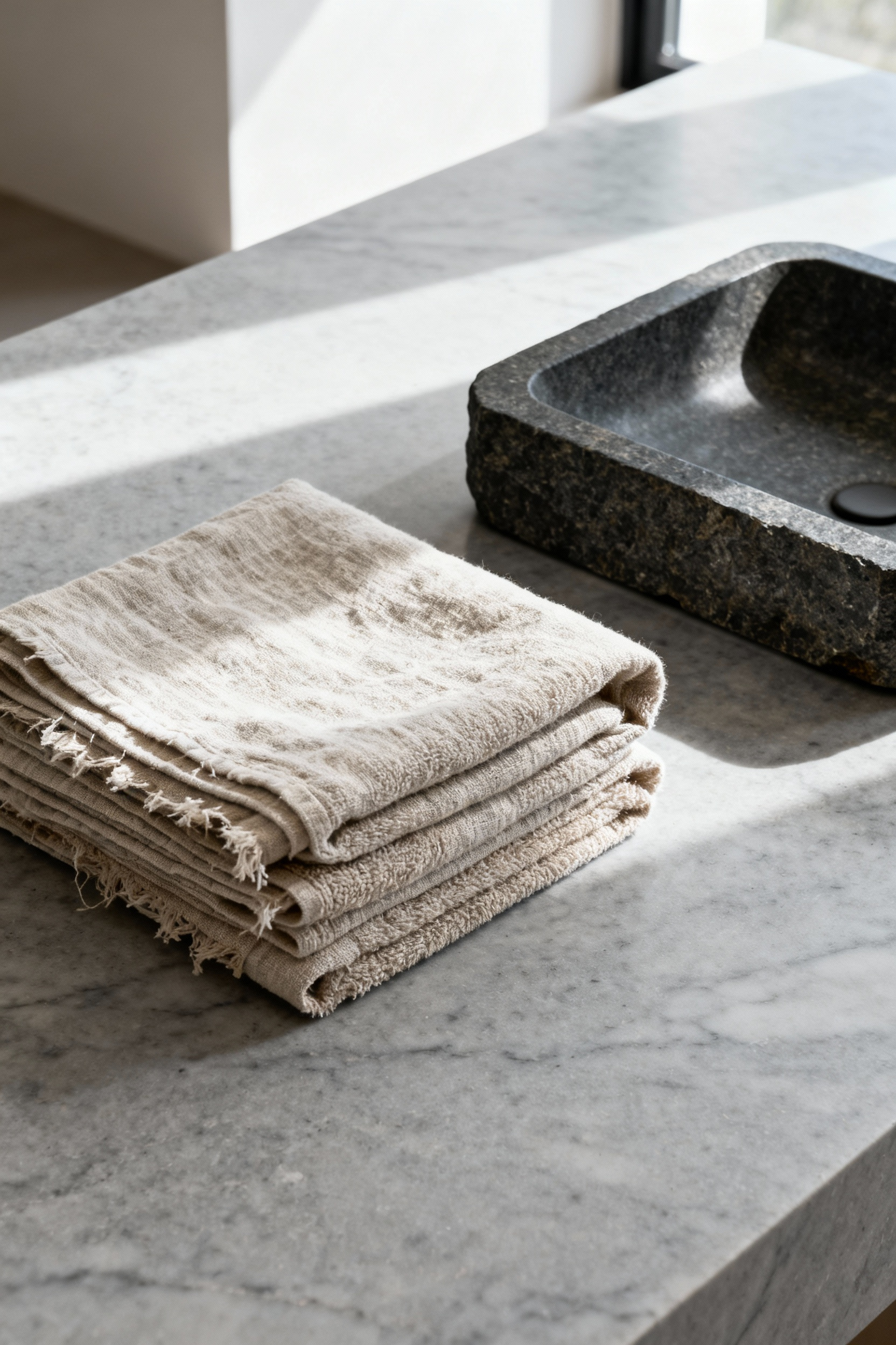 A minimalist bathroom vanity displaying contrasting textures for tactile grounding, featuring rough, sturdy basalt stone accessories and soft, raw linen hand towels set against a polished light gray marble counter.