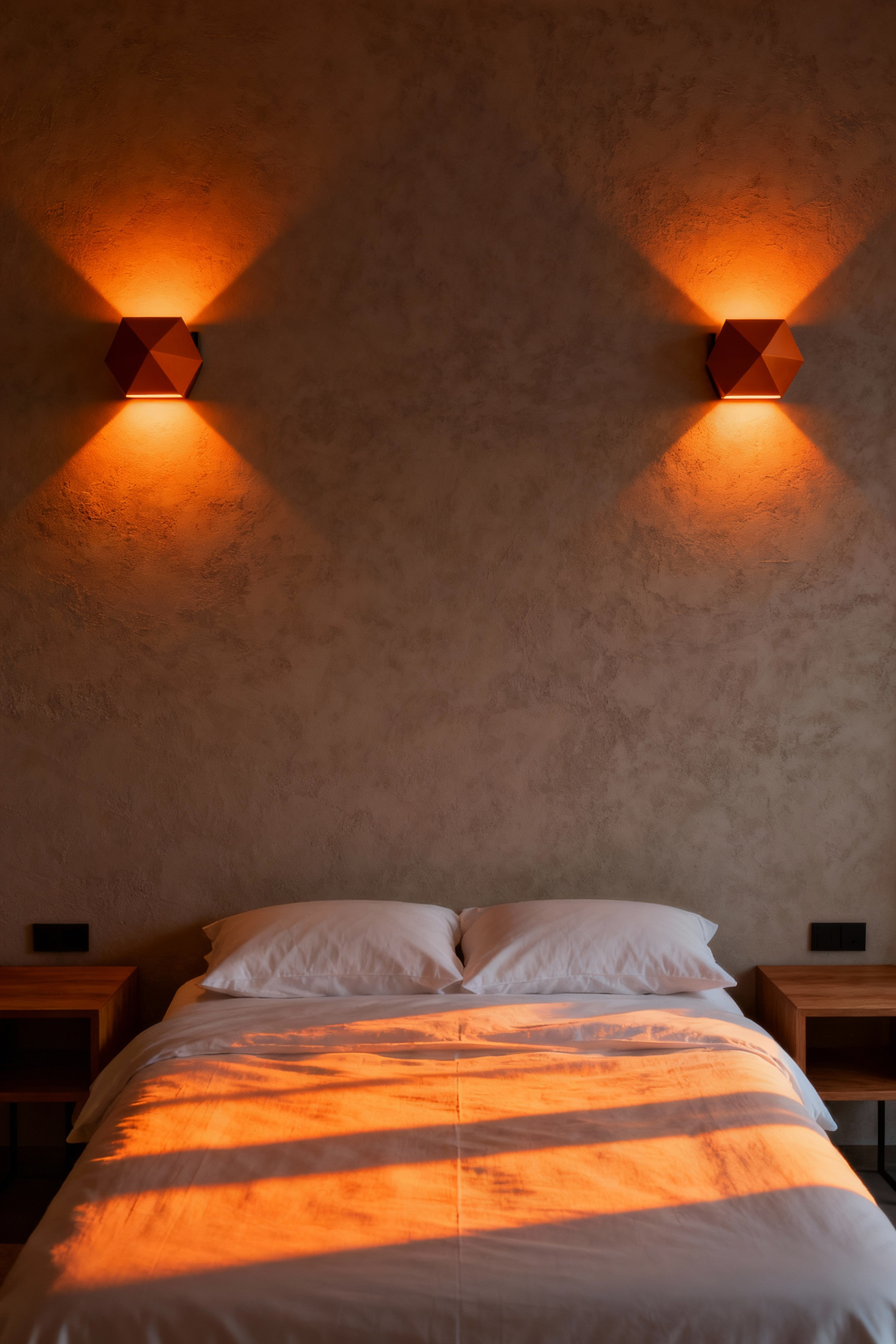 Modern bedroom featuring two symmetrical wall sconces emitting a warm, low-intensity amber circadian light designed to promote melatonin release before bedtime.