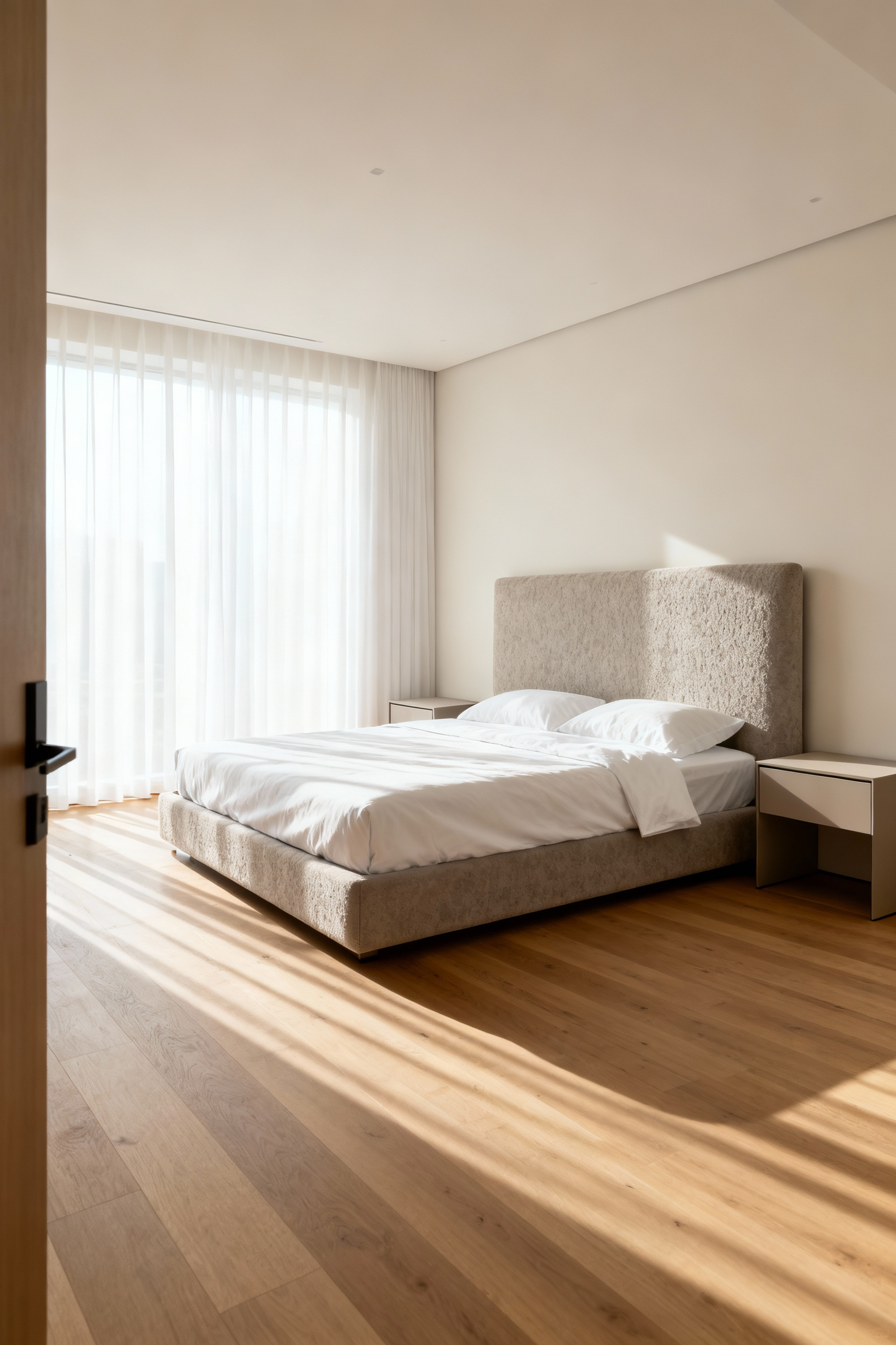 A serene, high-end bedroom interior design showcasing clear flow dynamics and the optimal 'Command Position,' where the bed is placed diagonally across from the door for a feeling of subconscious security.
