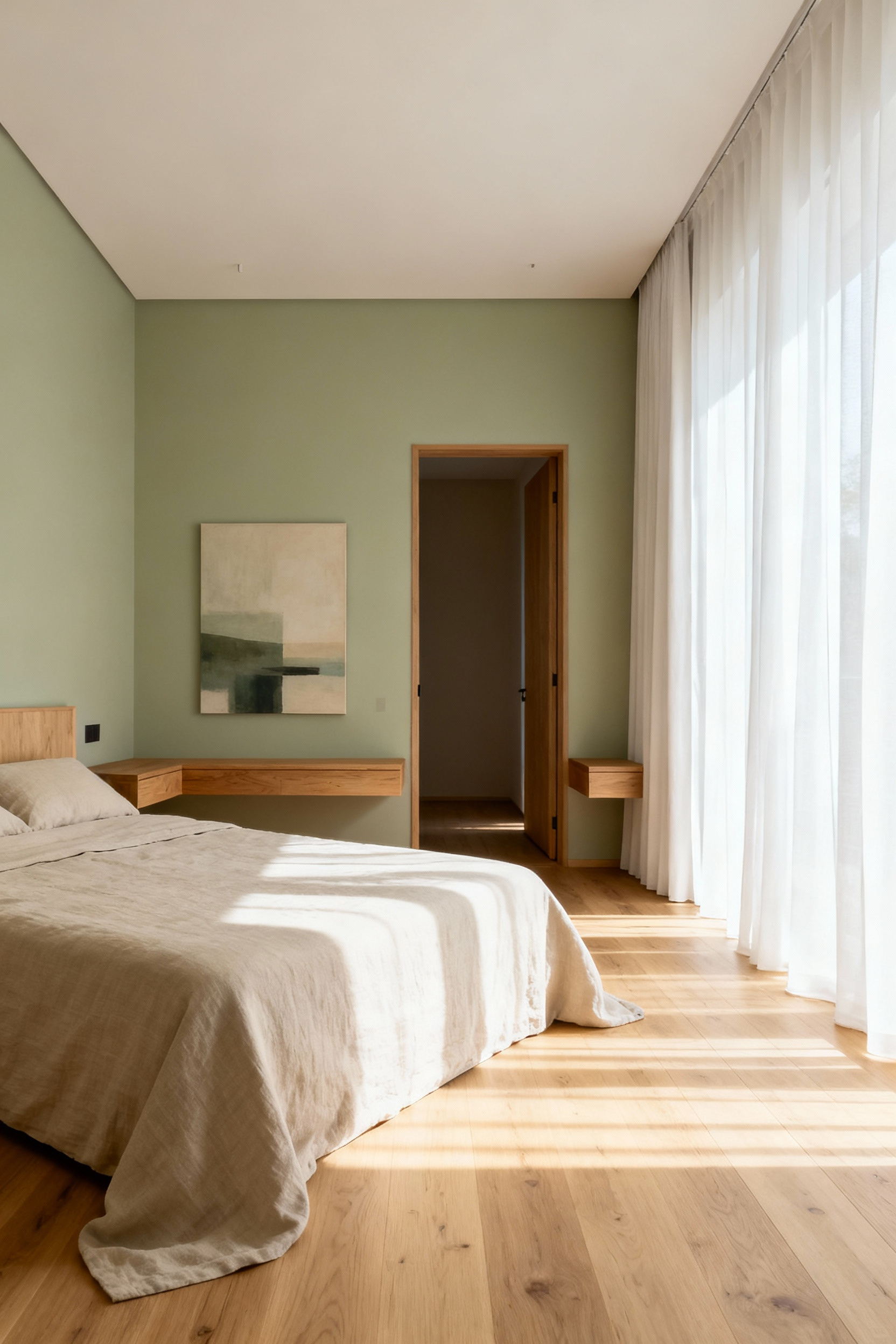 A minimalist Japandi bedroom interior showcasing optimal furniture layout where the bed is strategically placed in the "command position" to face the entrance door, promoting security and deep rest.