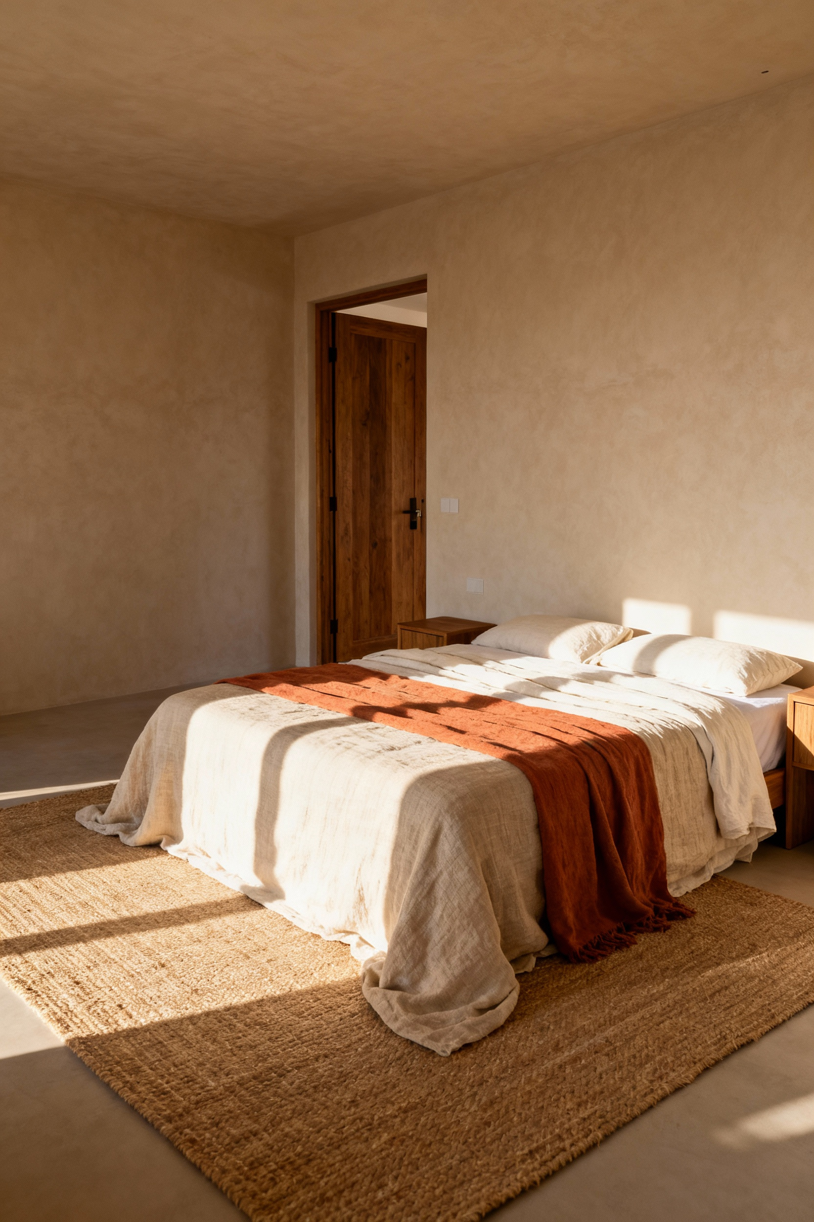 A photograph illustrating a strategic bedroom furniture layout where the bed is positioned diagonally across from the entrance door, known as the 'Command Position,' designed to enhance feelings of safety and promote better sleep.