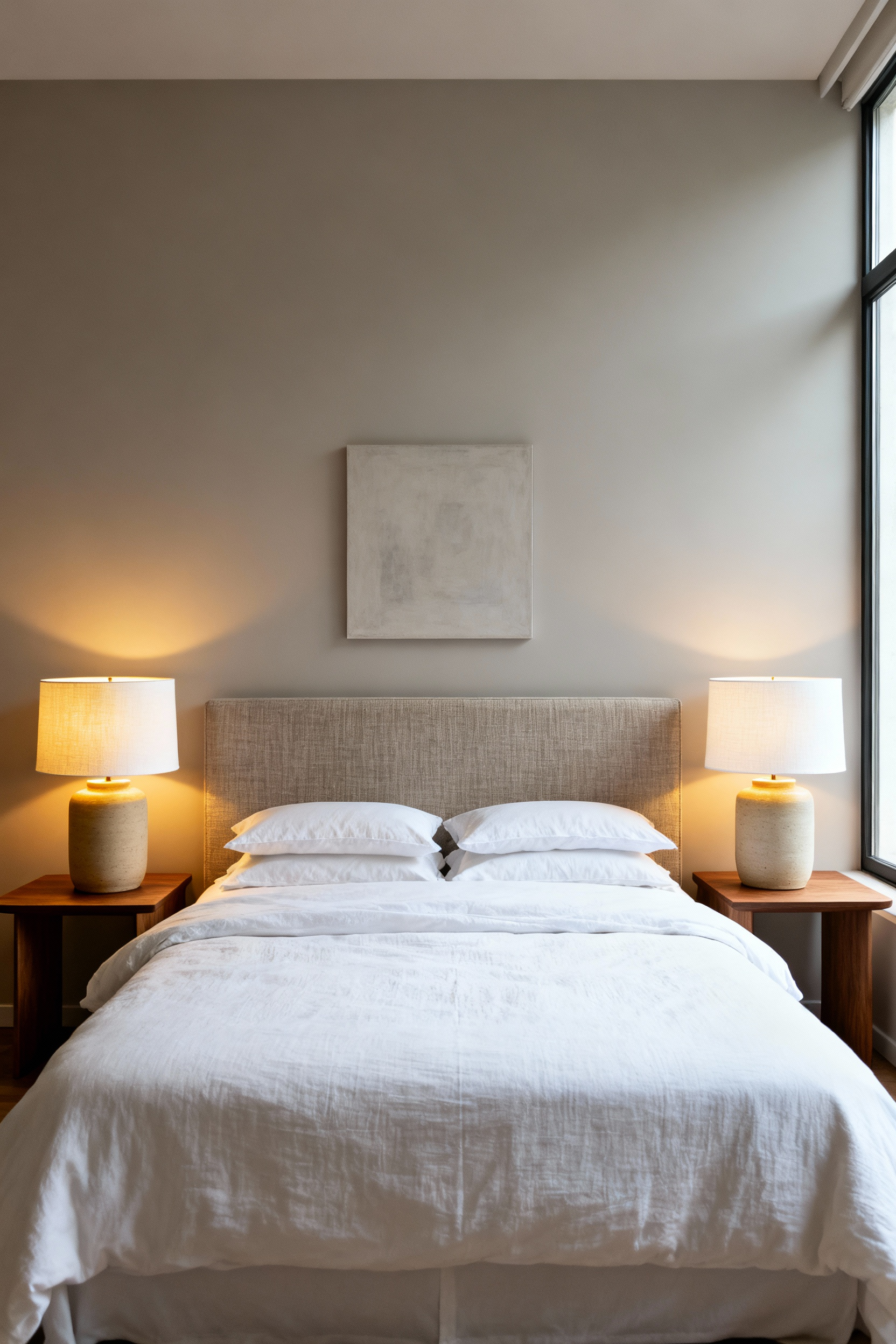 A high-resolution photograph illustrating formal symmetry in a modern bedroom, featuring a centered bed perfectly flanked by identical nightstands and matching table lamps designed to create visual equilibrium.