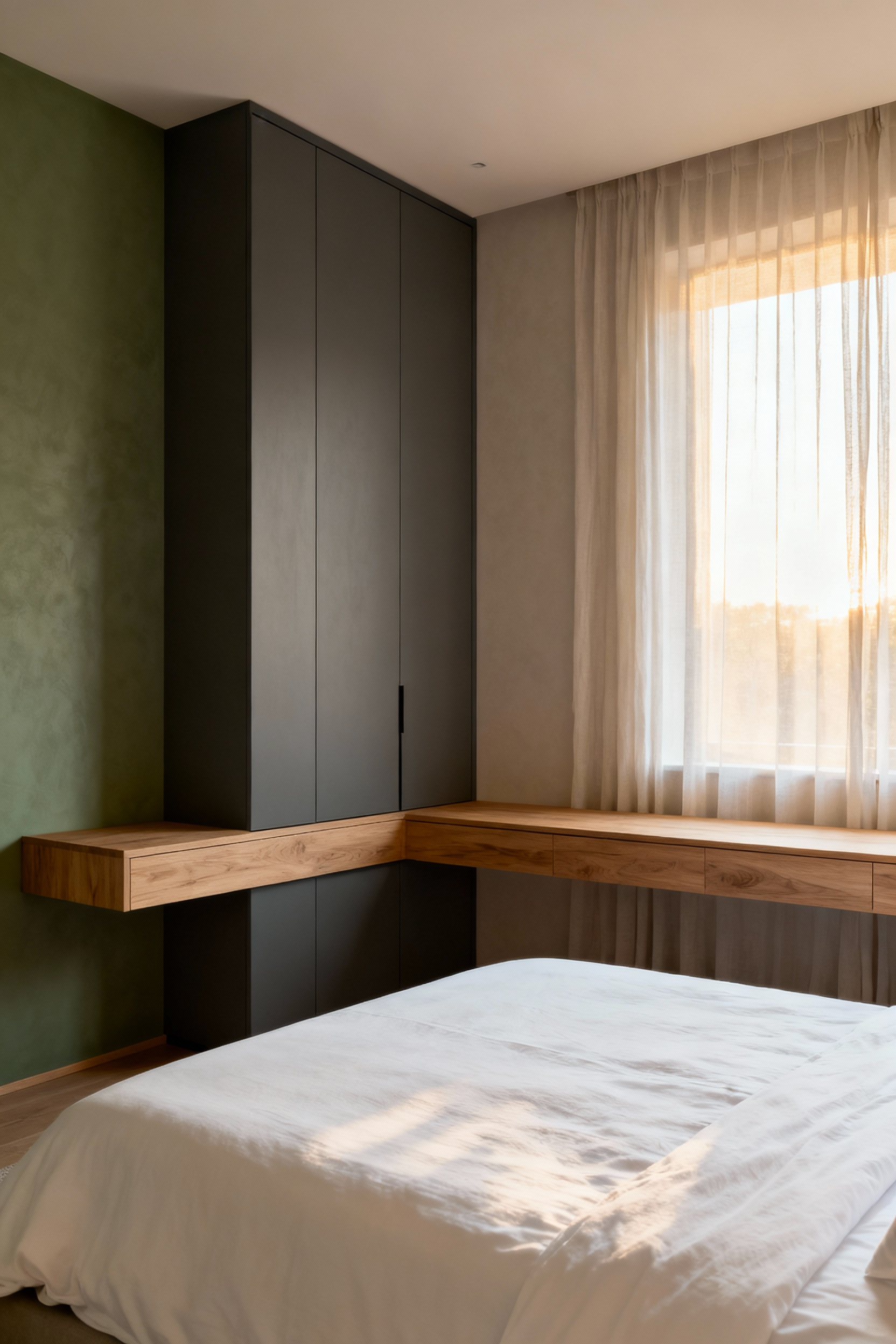 A photograph illustrating a balanced bedroom furniture layout featuring a tall charcoal wardrobe counterbalanced by a long, low oak dresser, demonstrating effective intermediate layering and flow.