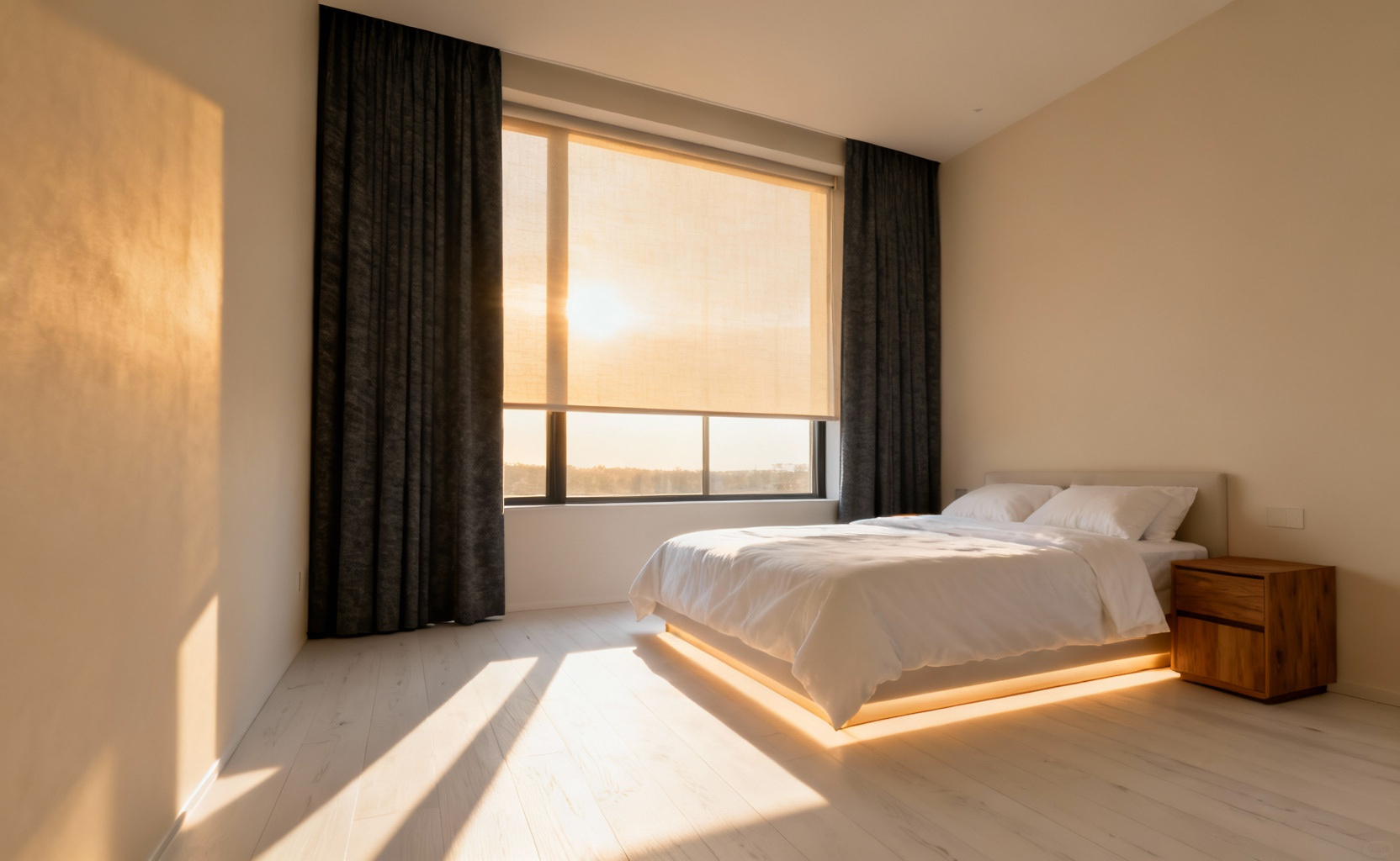 A bright, biologically optimized bedroom layout showing warm morning sunlight streaming across the bed, highlighting the importance of bed positioning near the light source and the presence of heavy blackout curtains for nighttime melatonin release.