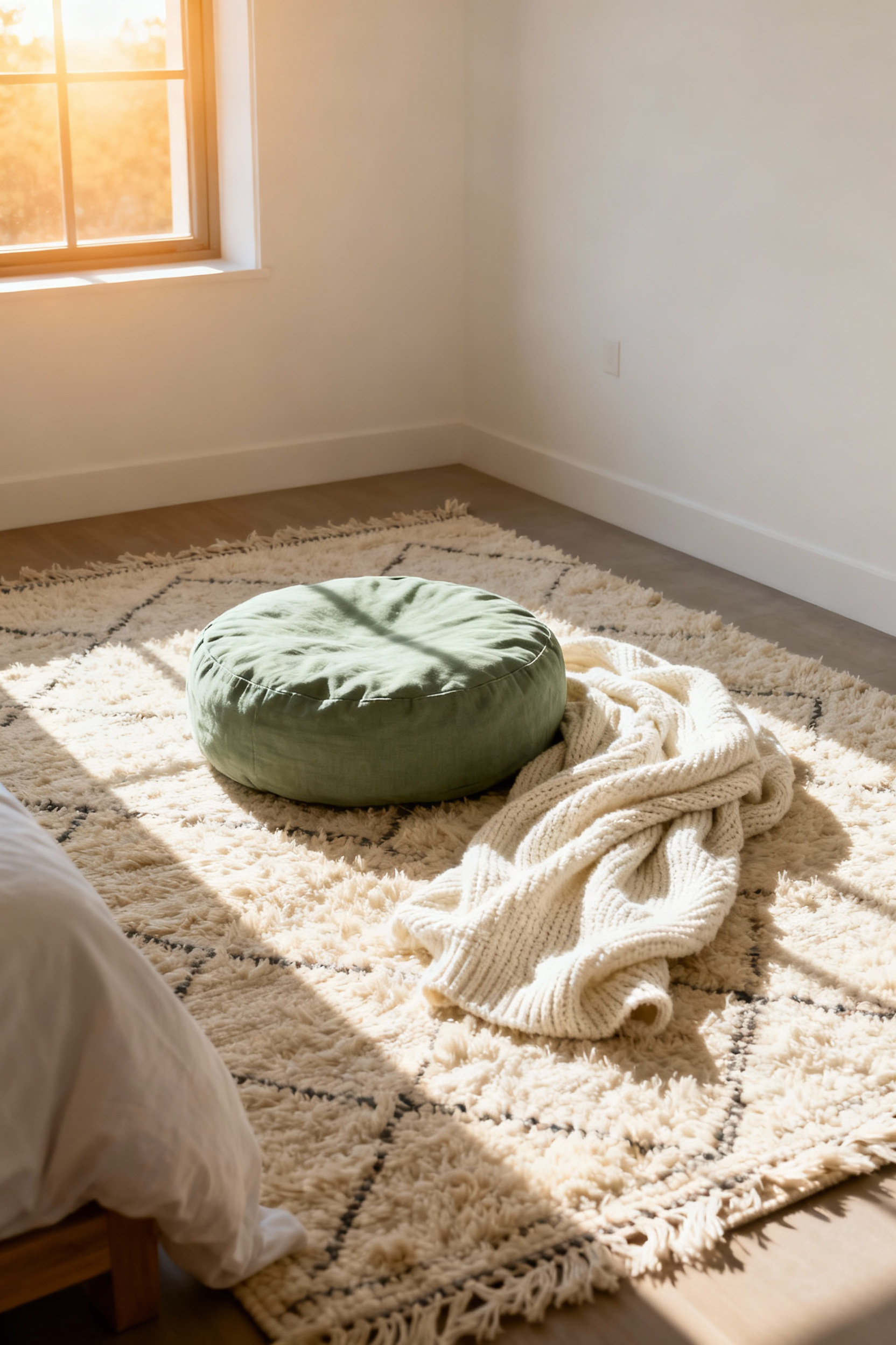 A serene, sunlit bedroom corner featuring a thick shag rug and a low meditation cushion, demonstrating a strategic bedroom furniture layout for creating a restorative "Pause Point" nook.