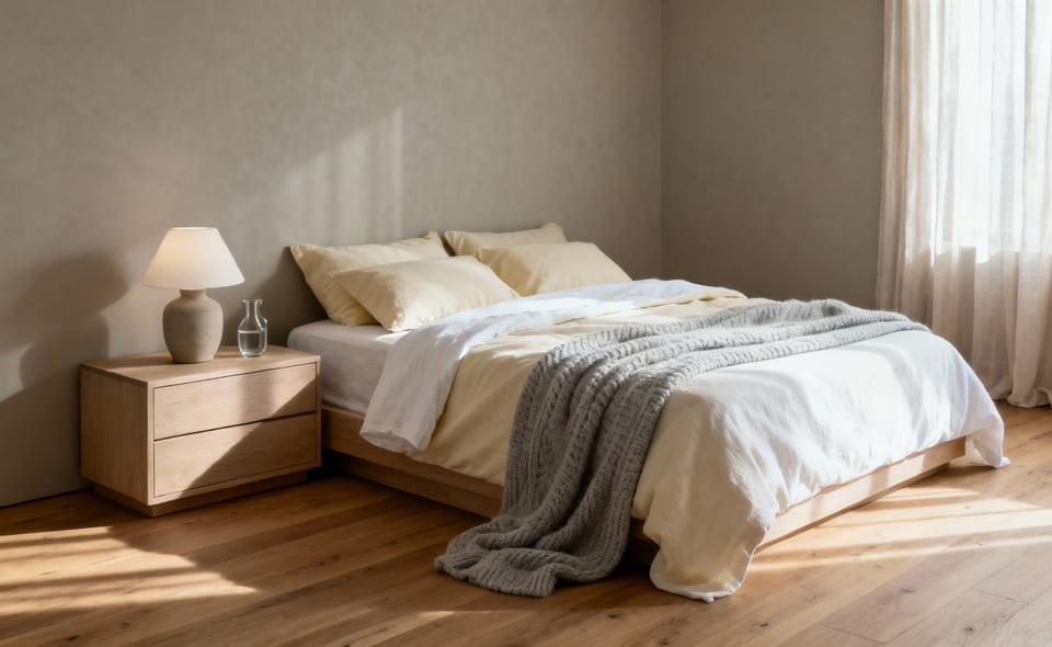 A serene, minimalist bedroom interior emphasizing health and restoration, featuring a clutter-free nightstand with closed drawers and soft, neutral linens under gentle morning light.