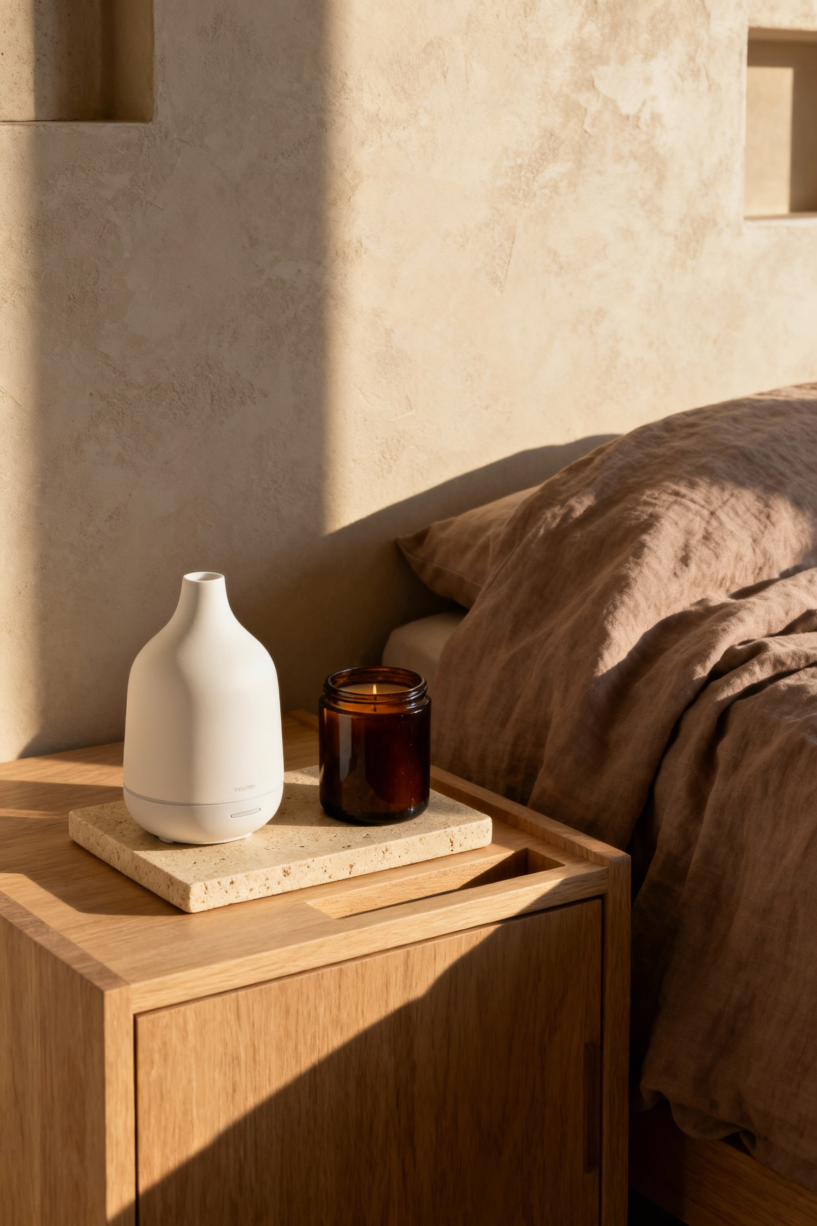 A detailed view of a minimalist bedroom nightstand dedicated to aromatherapy, featuring a sculptural ceramic diffuser and scented candle vessel displayed on a travertine tray, emphasizing calm and ritualistic interior design.