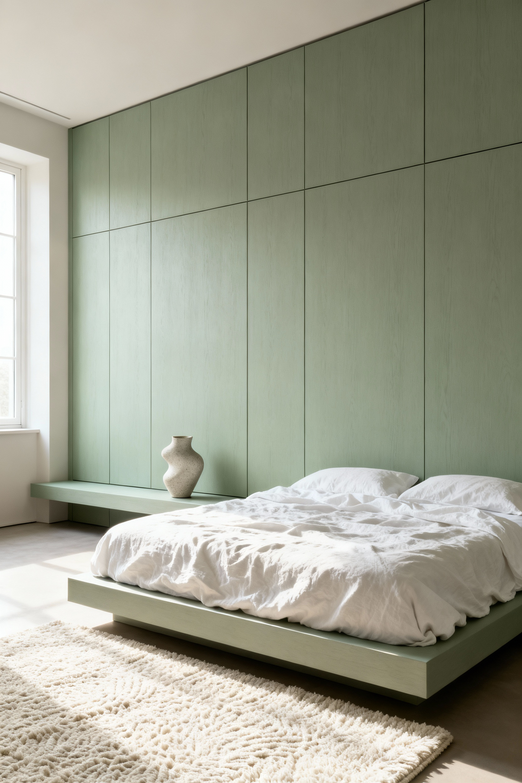 A photograph of a minimalist, wellness-focused bedroom featuring a large wall of seamless, handle-less closed storage cabinets designed to achieve visual silence and aesthetic containment.