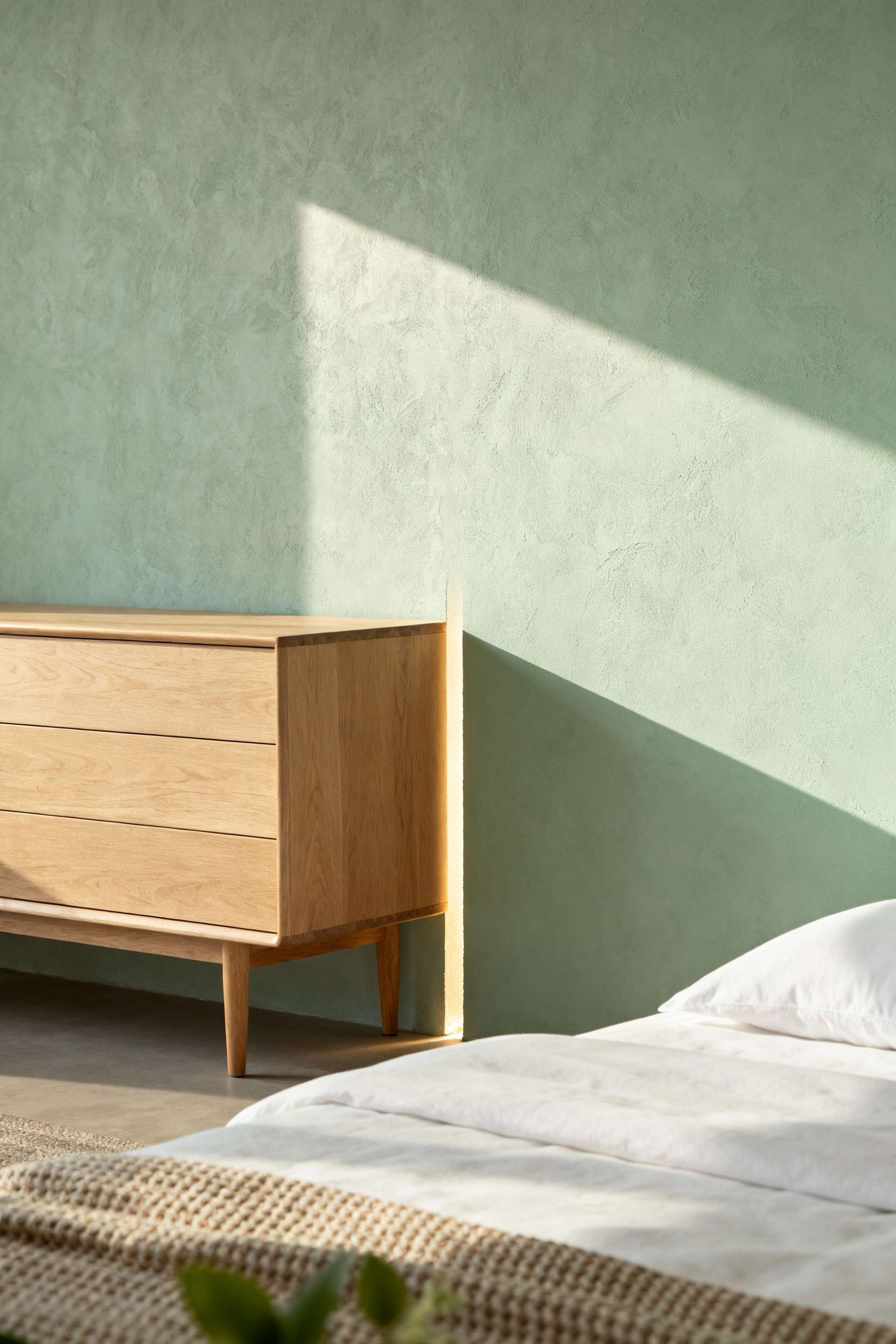 Detailed image showing the intentional 10-inch air gap between a large oak dresser and the bedroom wall to promote air circulation and prevent moisture buildup, illustrating wellness architecture principles.