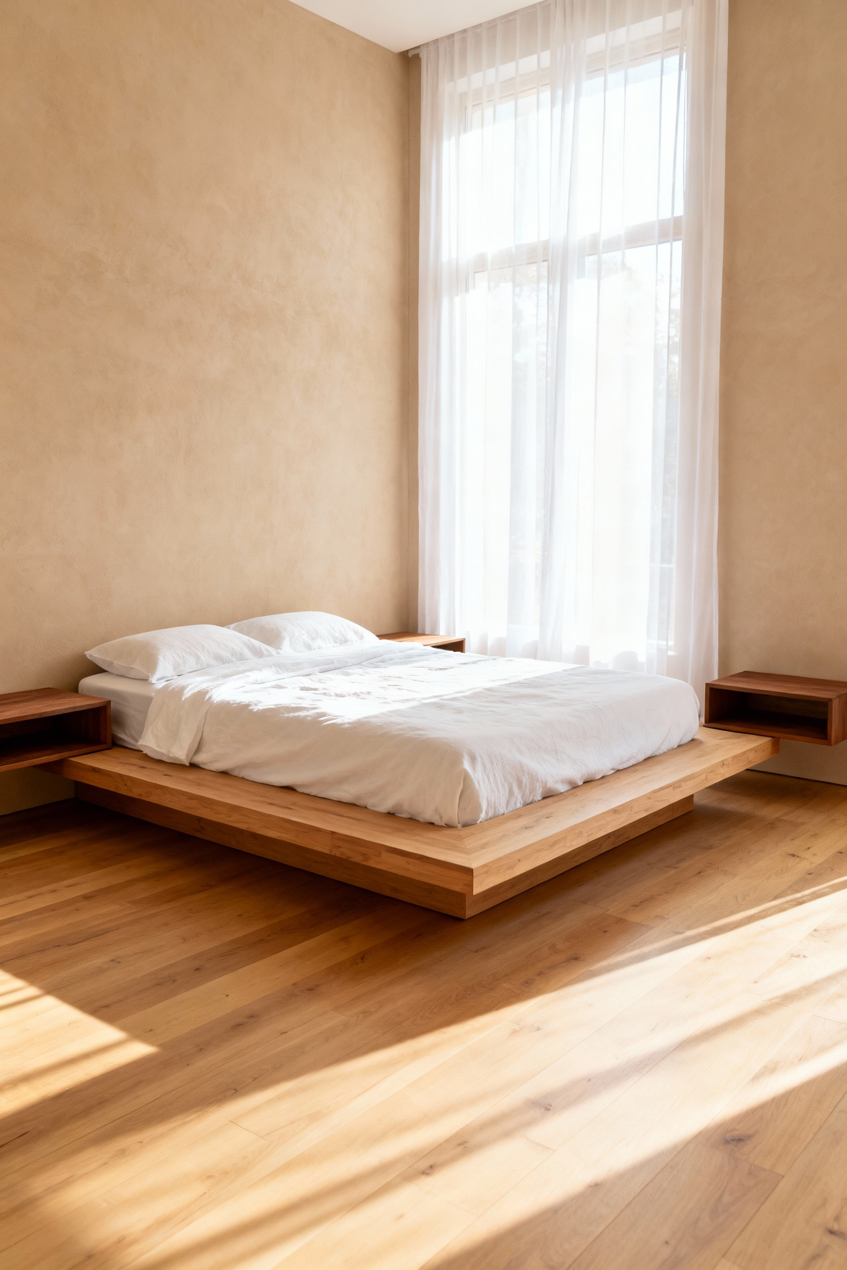 Minimalist bedroom furniture layout showing an elevated platform bed centered in the room with clear, open space on both sides, illustrating unrestricted energy flow (Chi) according to wellness architecture principles.